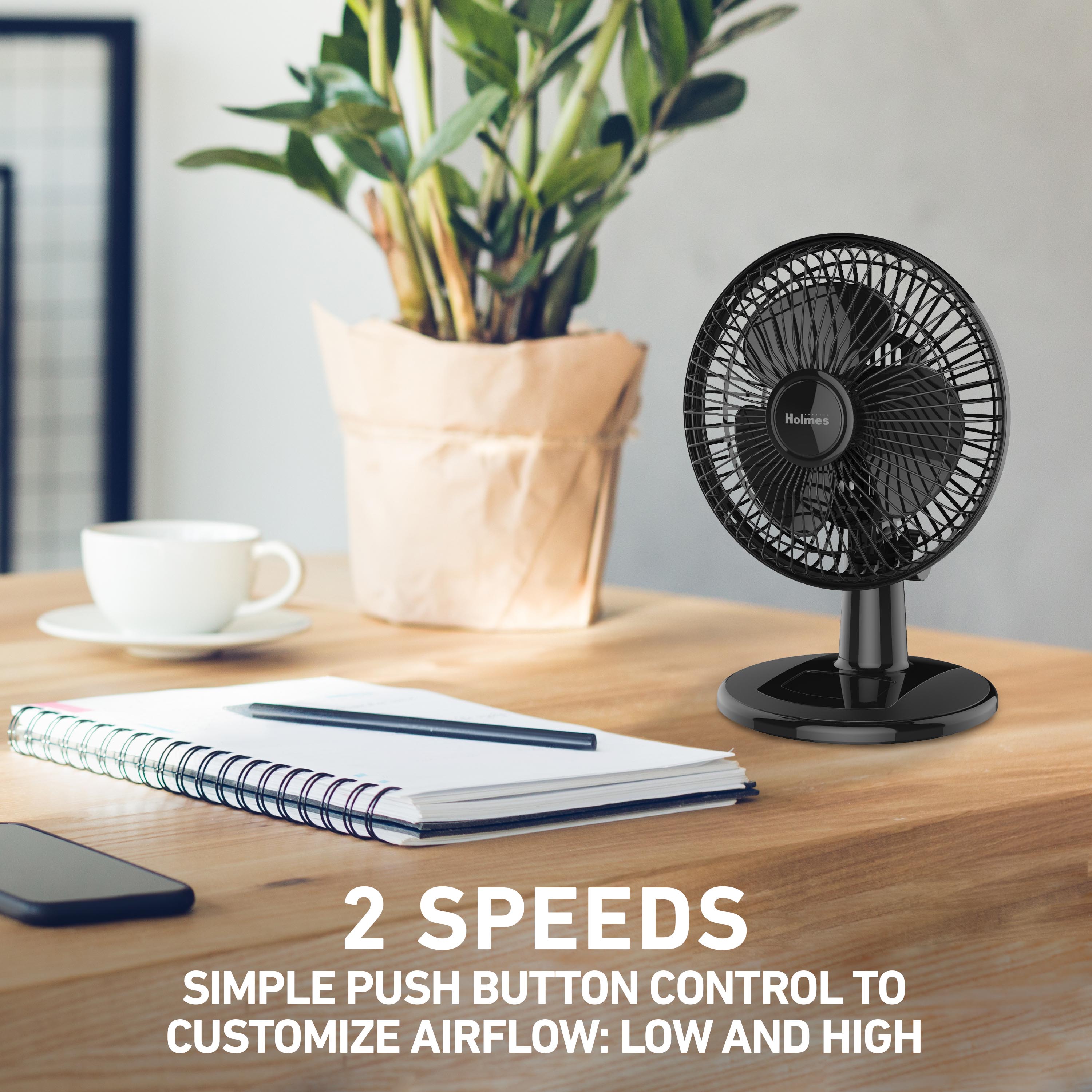 Holmes 6” Personal Table Fan – 2 Speeds, Compact, 15° Head Tilt, Wide-Angle Oscillation, Black