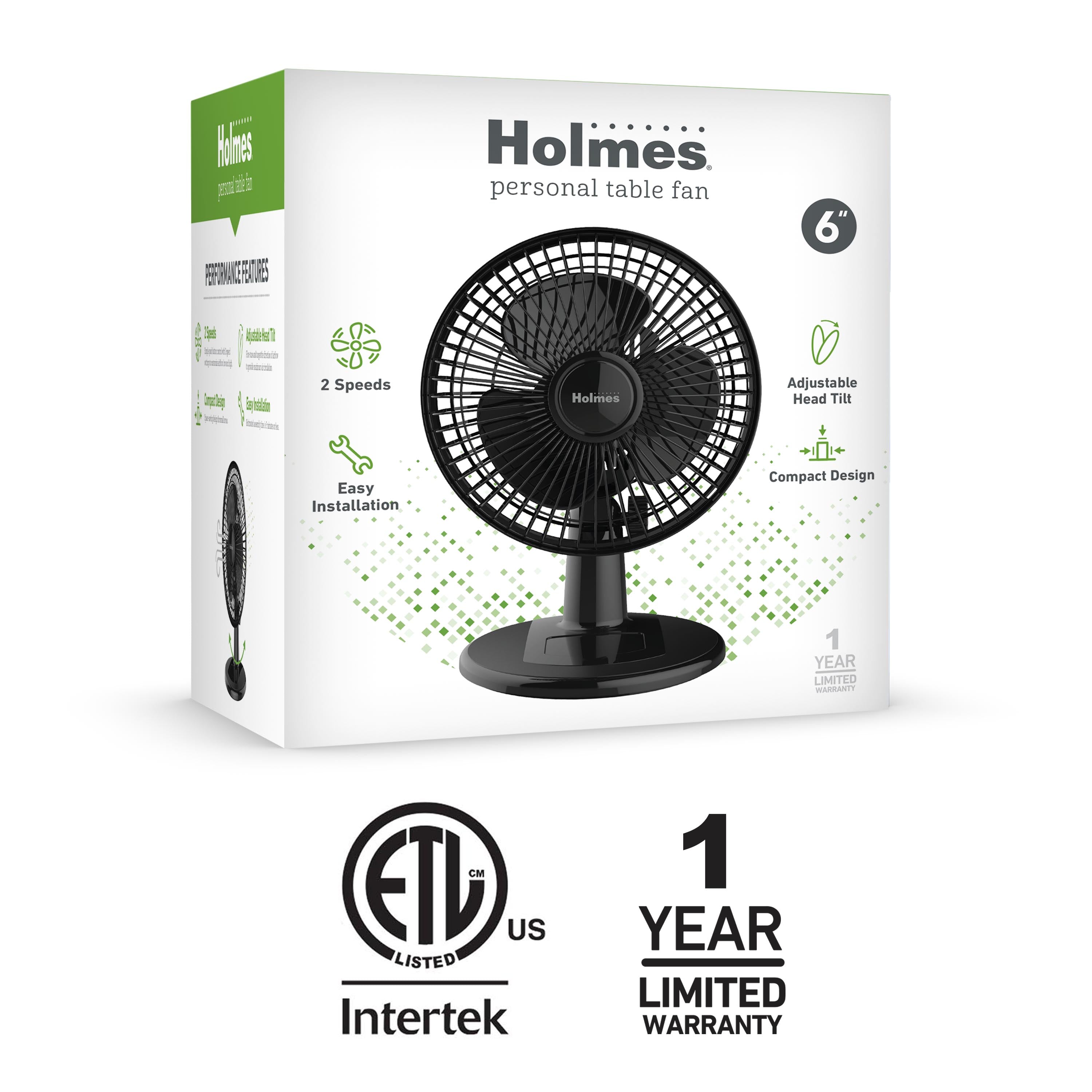 Holmes 6” Personal Table Fan – 2 Speeds, Compact, 15° Head Tilt, Wide-Angle Oscillation, Black
