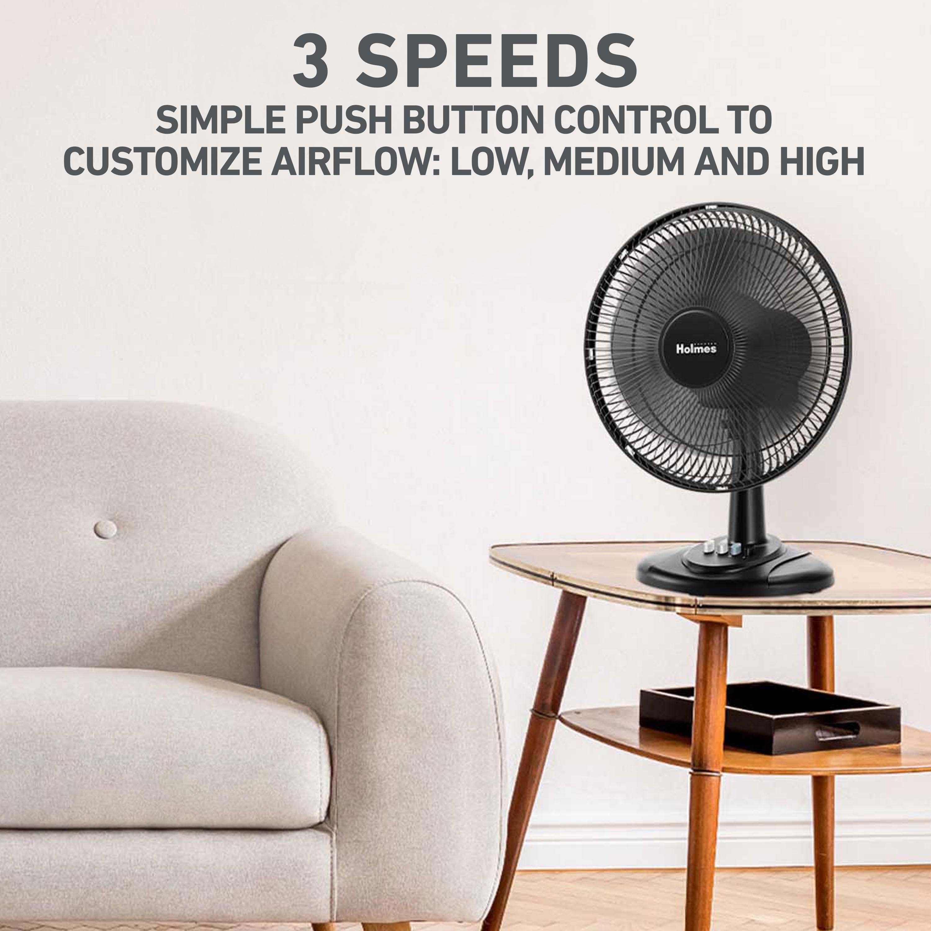 Holmes 12” Oscillating Table Fan – 3-Speed, Adjustable Head Tilt, 70° Oscillation, Powerful Airflow