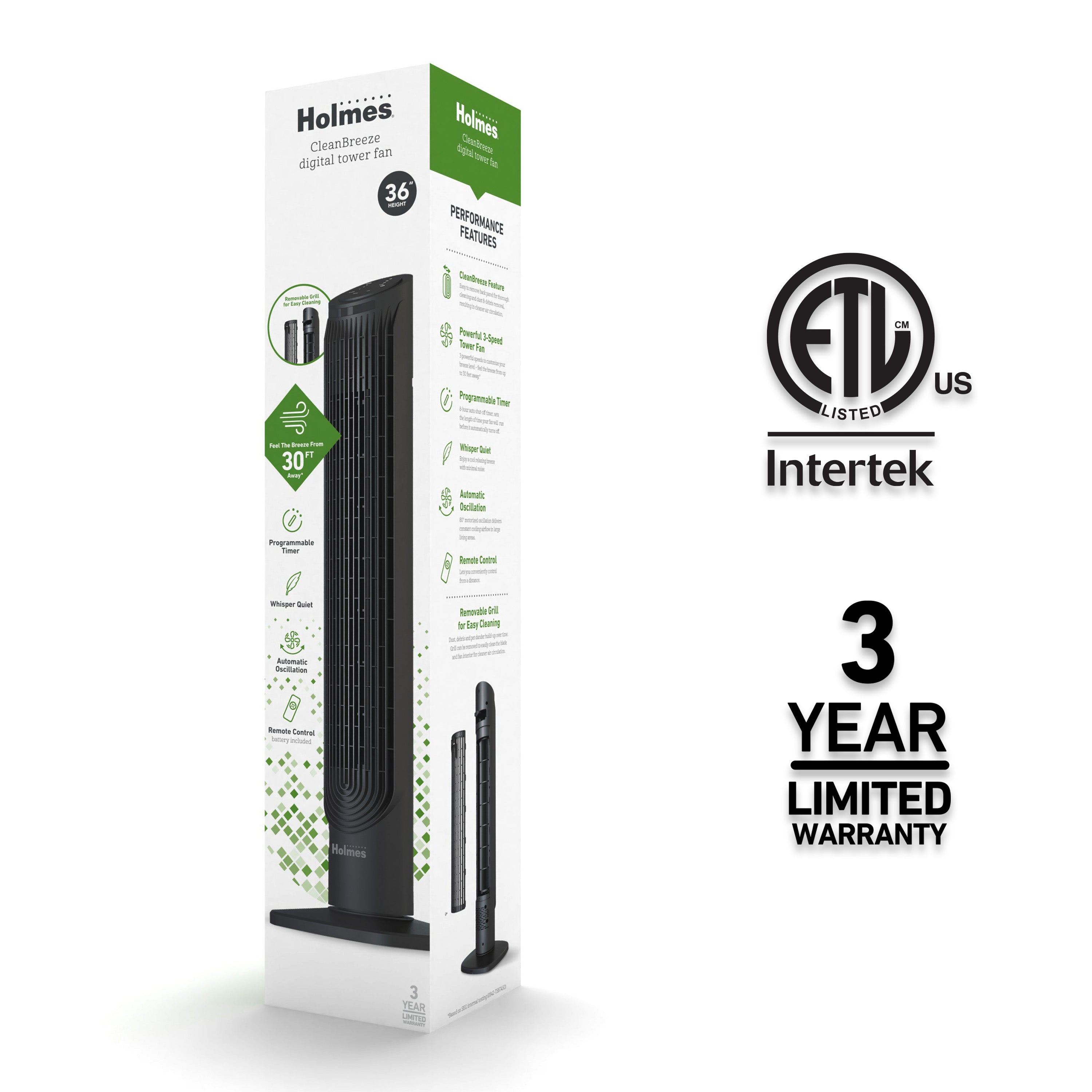 Holmes 36" Digital CleanBreeze Tower Fan with Remote 6 Speeds 75° Oscillation Black