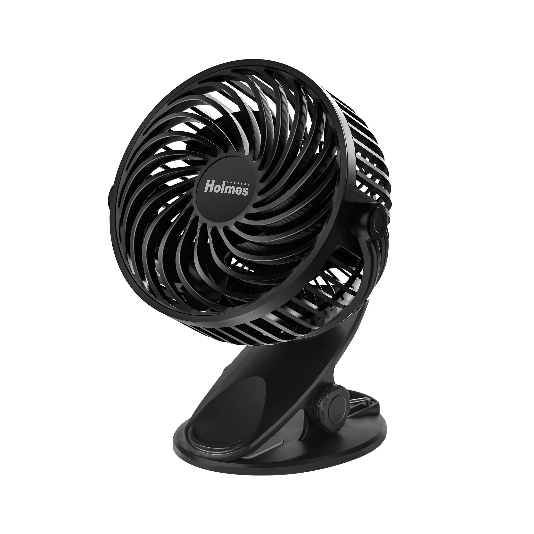 Holmes 4” Rechargeable Clip Fan, 360° Tilt, Strong Airflow, USB, Long Battery, Black