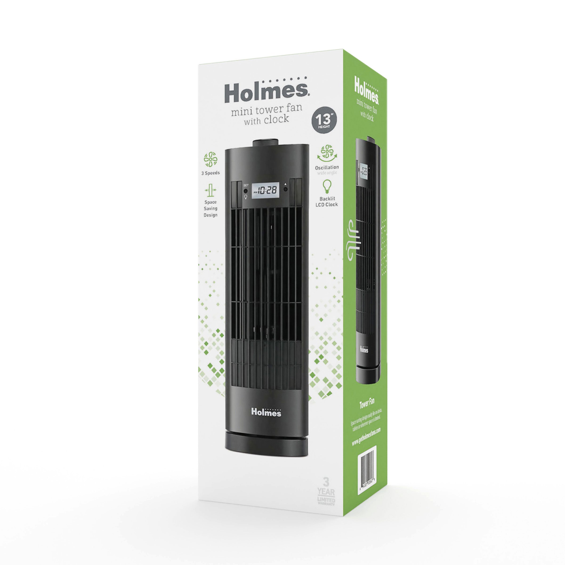 Holmes 13" Oscillating 3 Speed Mini Tower Fan with Digital Clock Black
