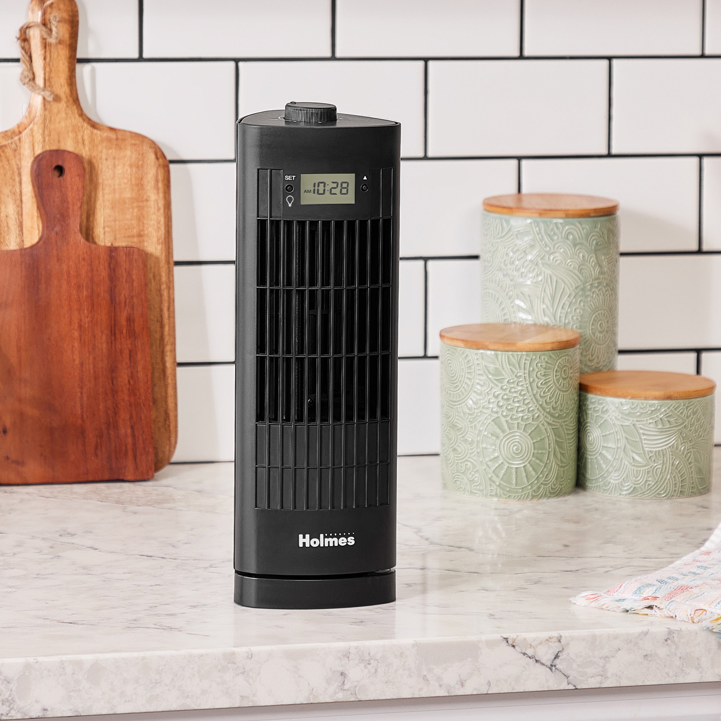 Holmes 13" Oscillating 3 Speed Mini Tower Fan with Digital Clock Black