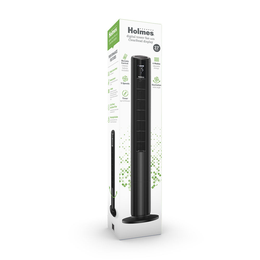 Holmes 37" Digital Oscillating 5 Speed Tower Fan with Clear Read Display and Remote Control Black