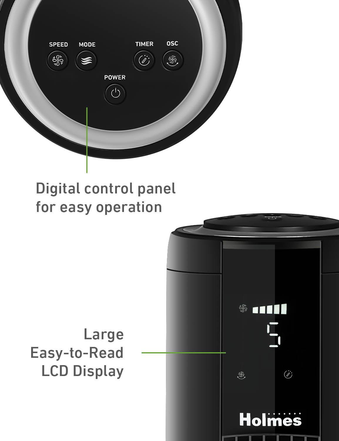 Holmes 42" Oscillating 5-Speed Digital Tower Fan with Remote Control Black