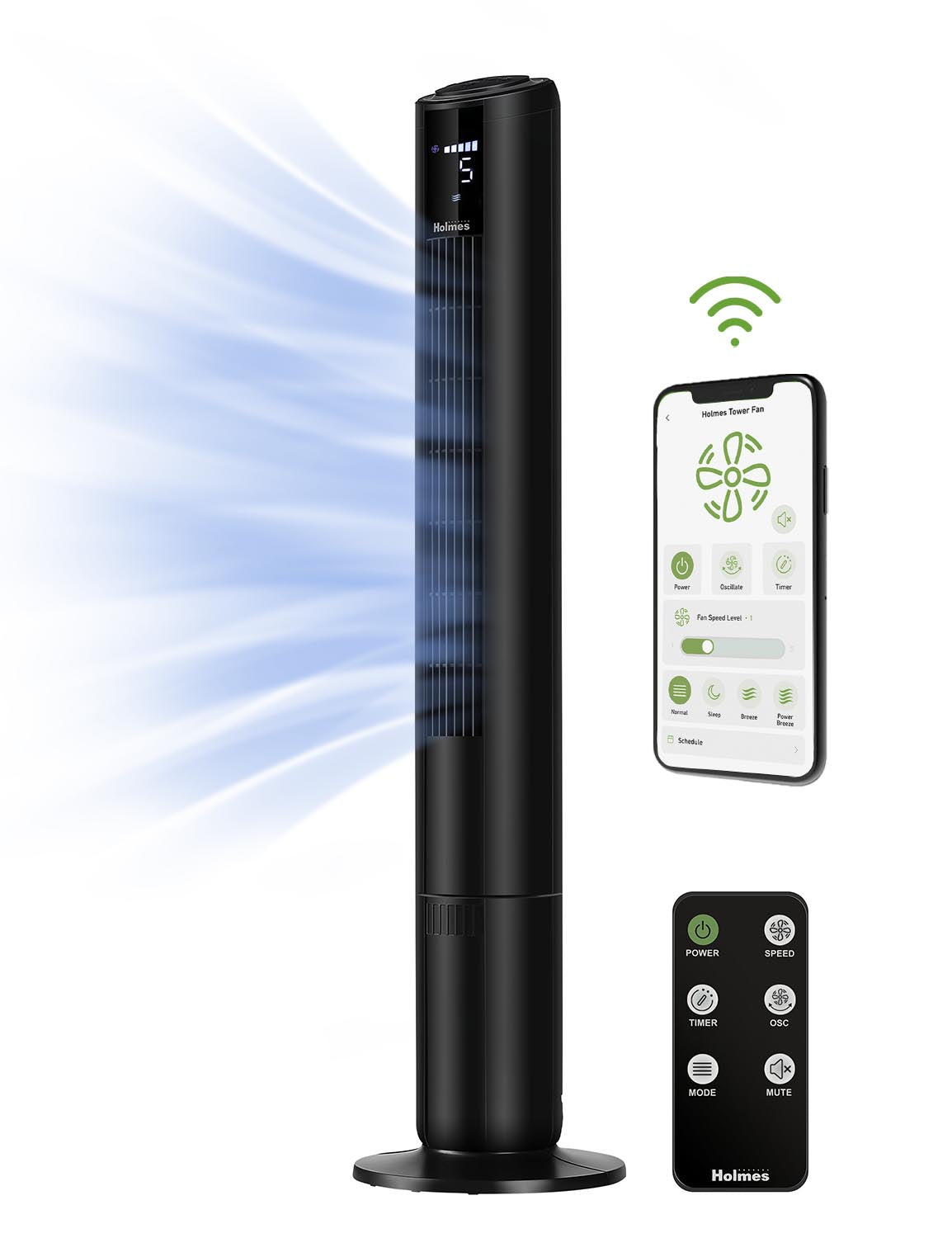 Holmes 42" SmartConnect WiFi 5-Speed Digital Tower Fan, Black