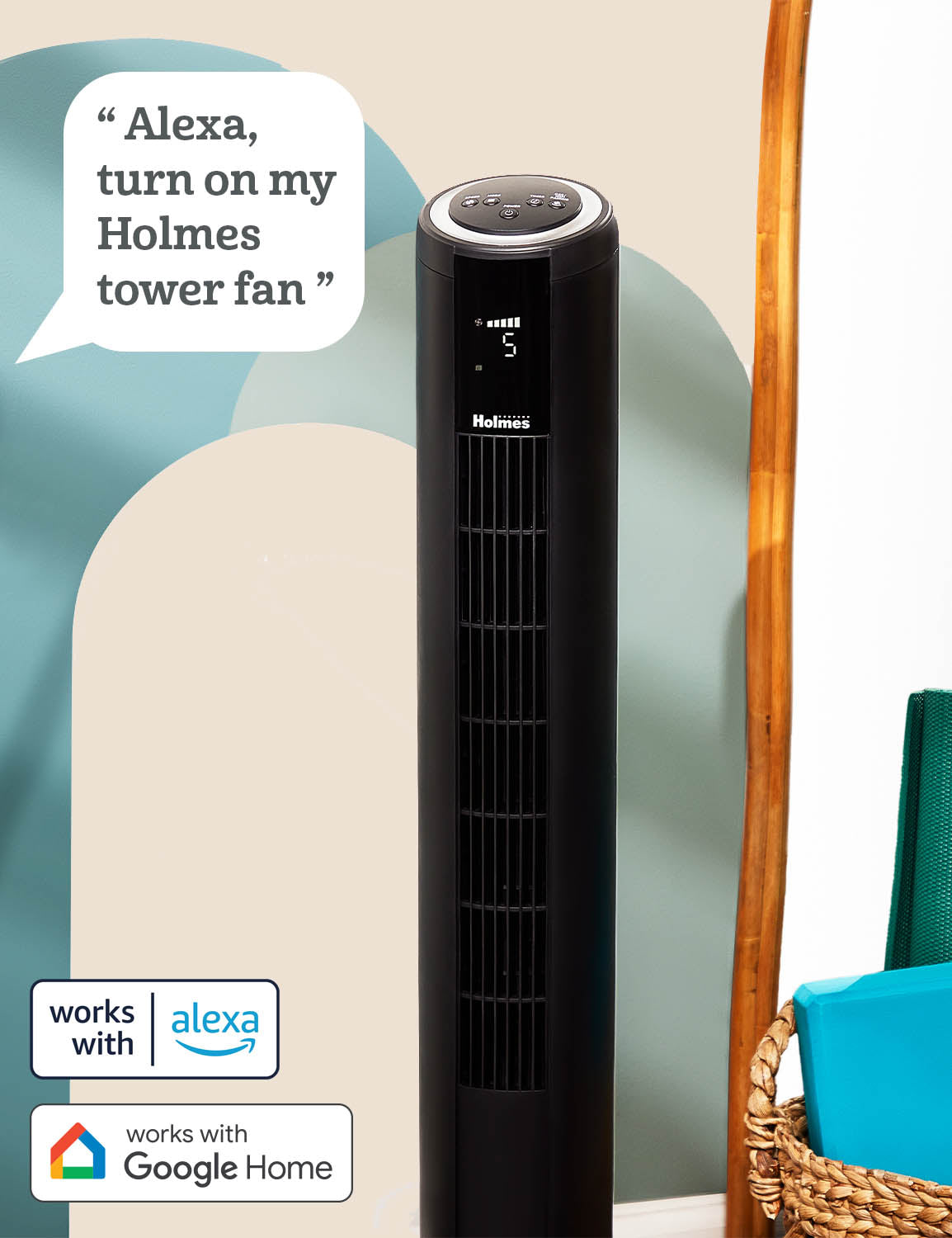 Holmes 42" SmartConnect WiFi 5-Speed Digital Tower Fan, Black