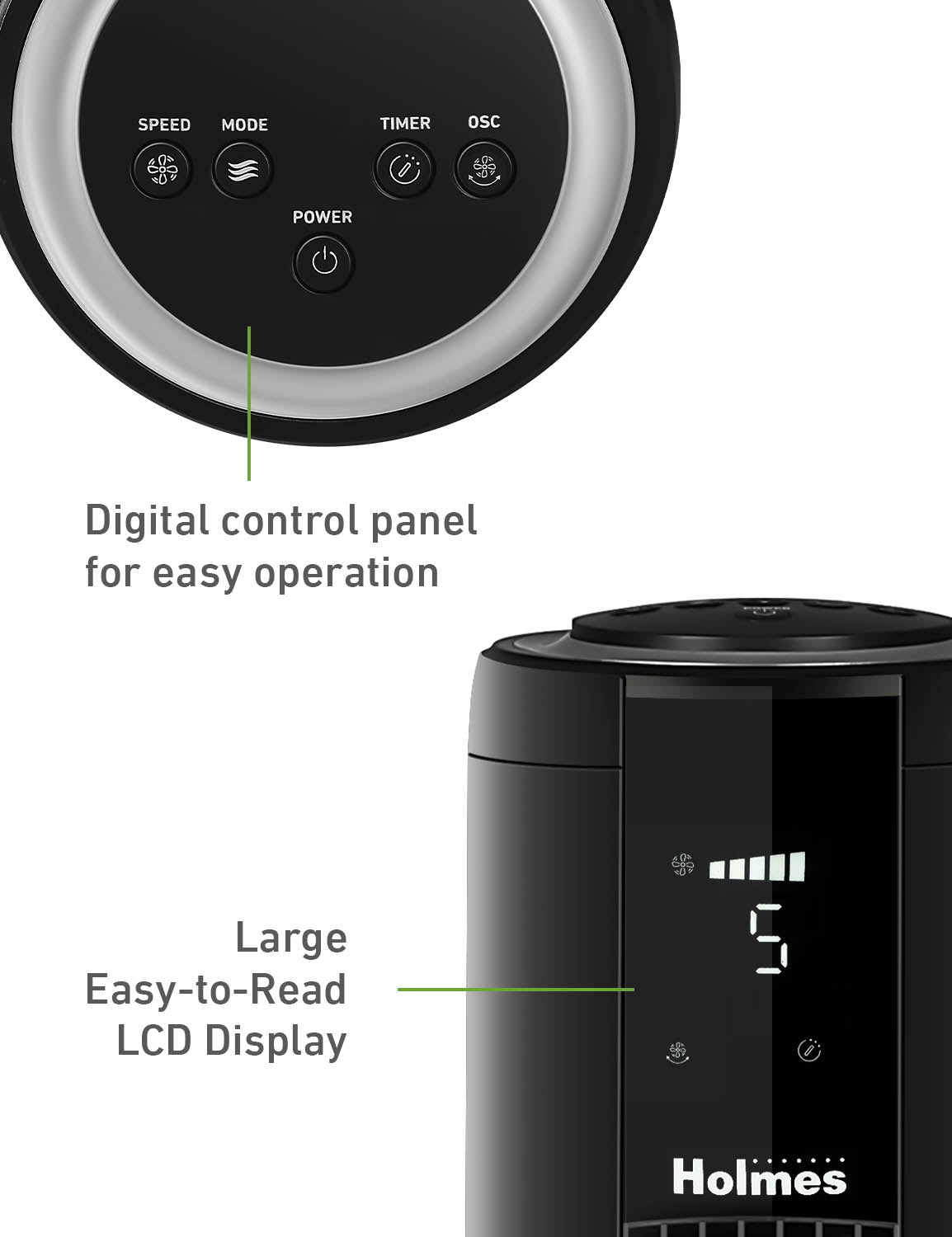 Holmes 42" SmartConnect WiFi 5-Speed Digital Tower Fan, Black