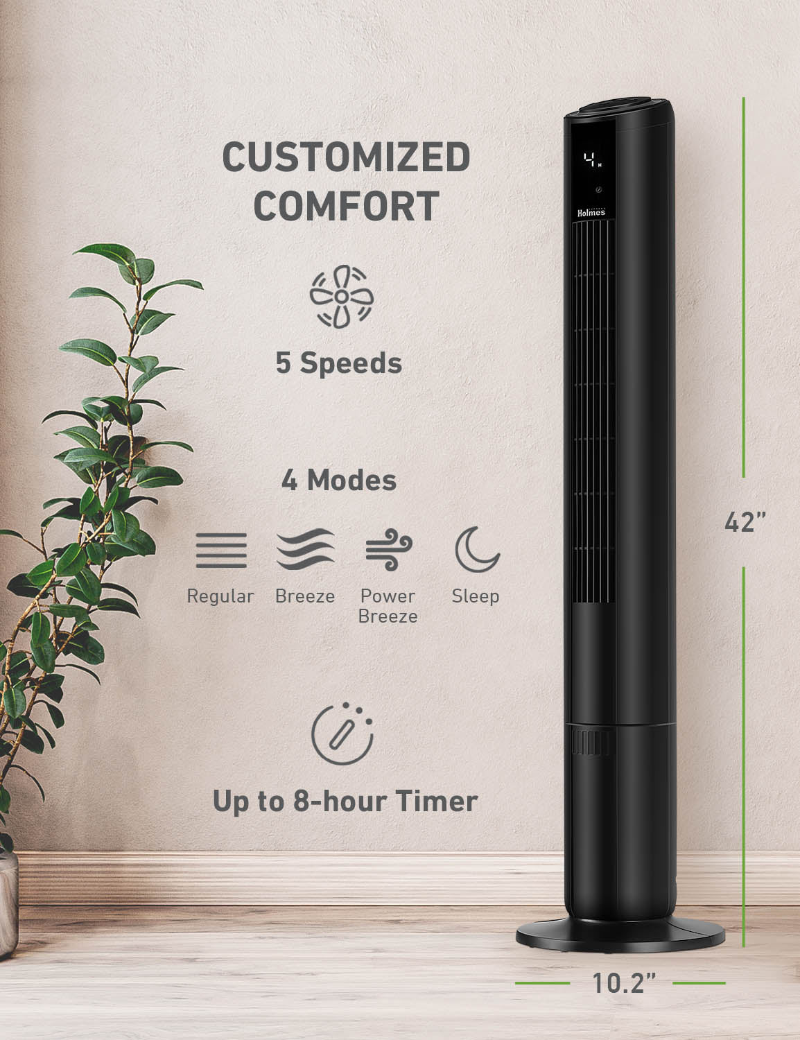 Holmes 42" SmartConnect WiFi 5-Speed Digital Tower Fan, Black