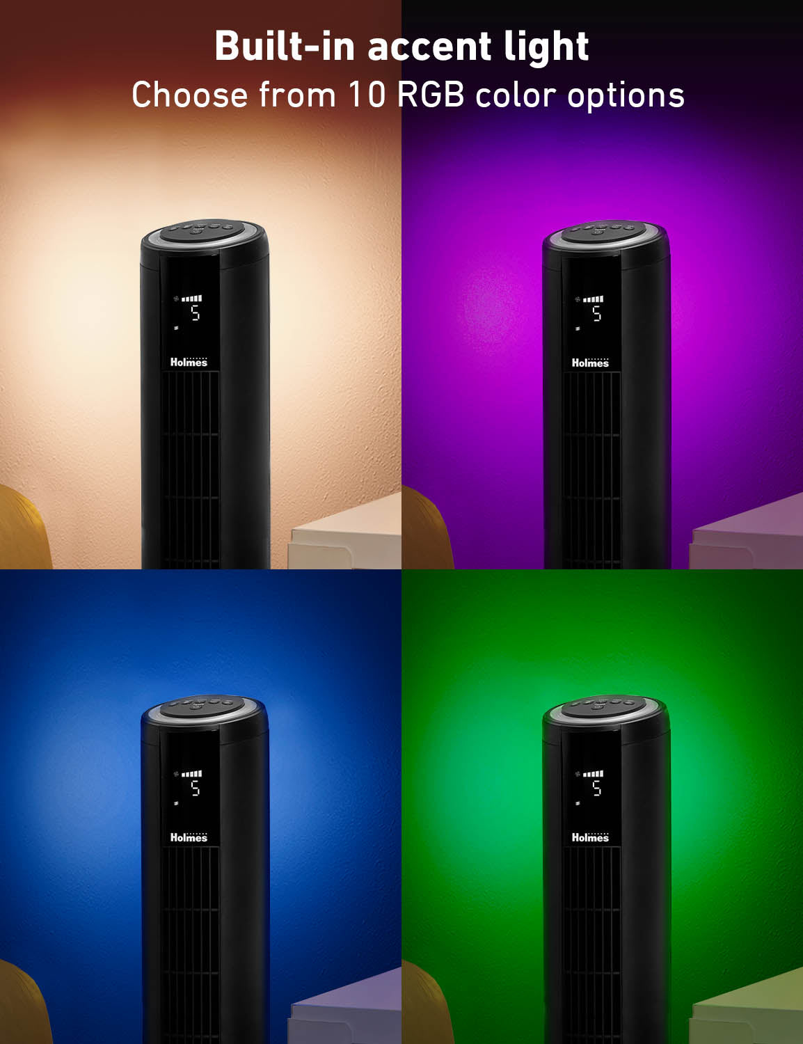 Holmes 42" Oscillating 5-Speed Digital Tower Fan with Built-In Multi-Color RGB Accent Light and Remote Control Black