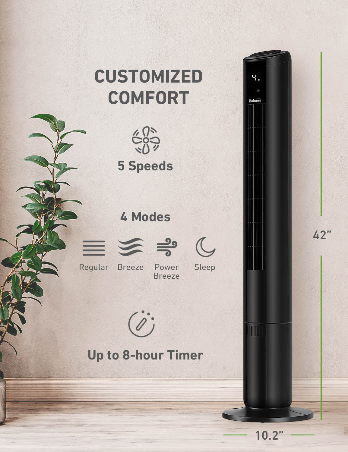 Holmes 42" Oscillating 5-Speed Digital Tower Fan with Built-In Multi-Color RGB Accent Light and Remote Control Black