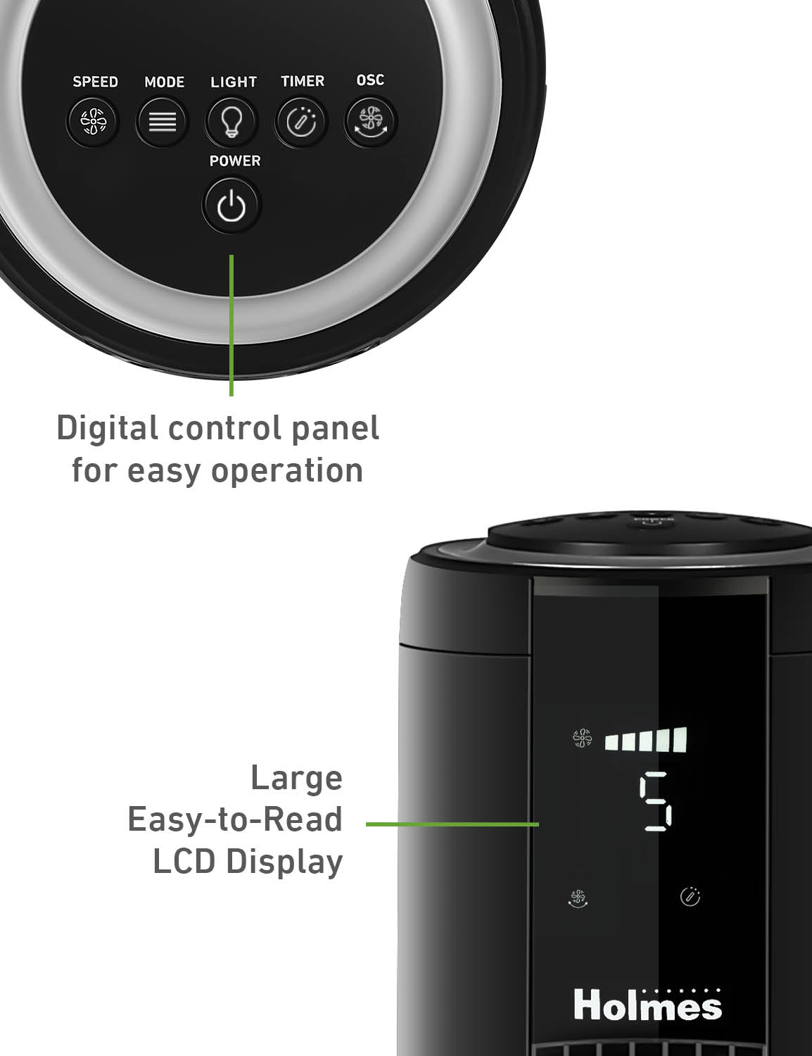 Holmes 42" Oscillating 5-Speed Digital Tower Fan with Built-In Multi-Color RGB Accent Light and Remote Control Black