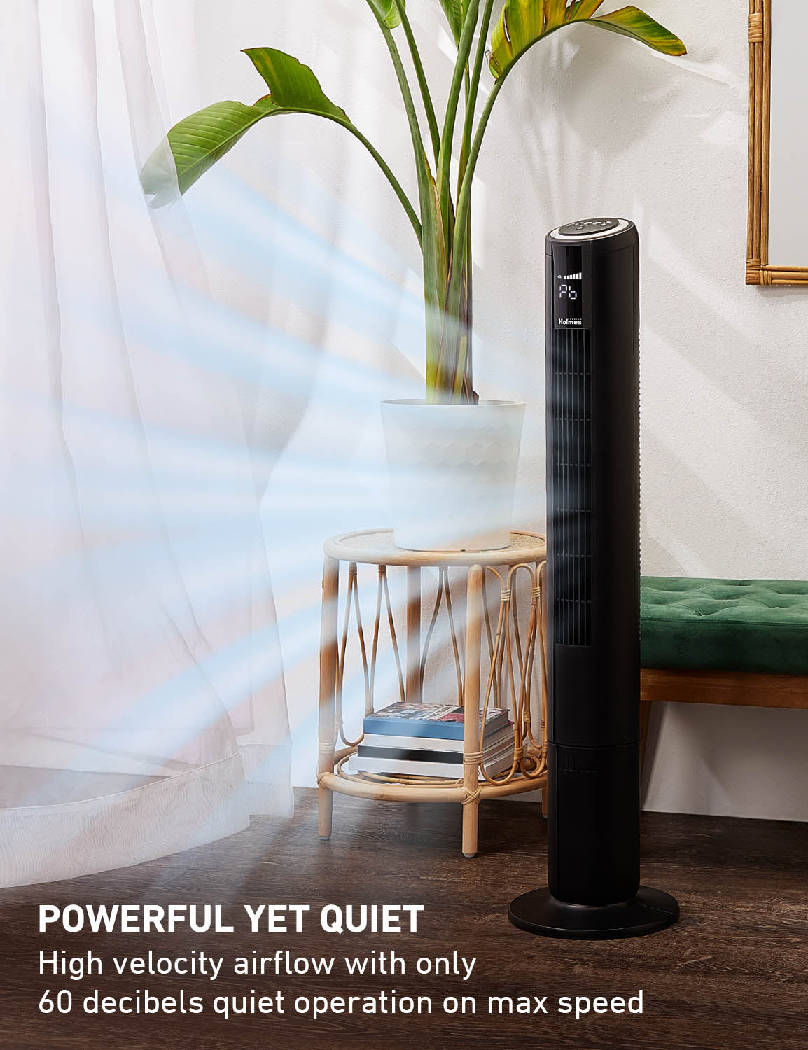 Holmes 42" Oscillating 5-Speed Digital Tower Fan with Built-In Multi-Color RGB Accent Light and Remote Control Black