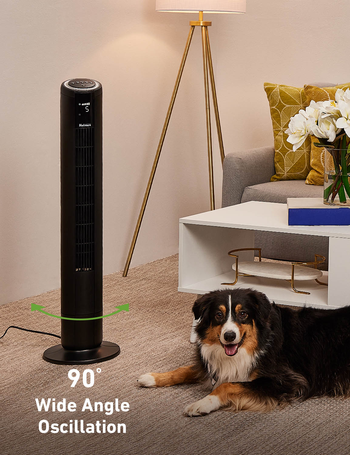 Holmes 42" Oscillating 5-Speed Digital Tower Fan with Built-In Multi-Color RGB Accent Light and Remote Control Black
