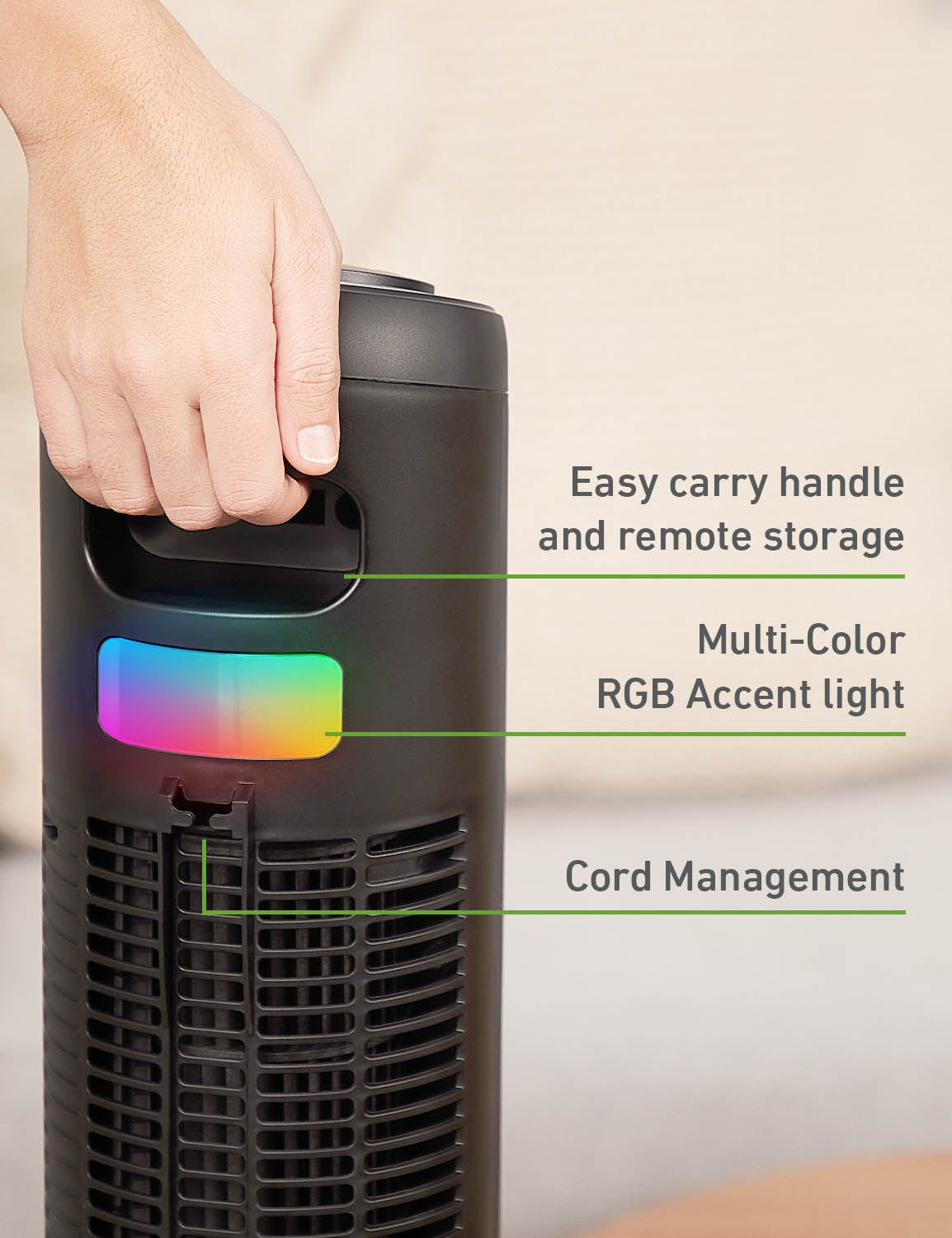Holmes 42" Oscillating 5-Speed Digital Tower Fan with Built-In Multi-Color RGB Accent Light and Remote Control Black