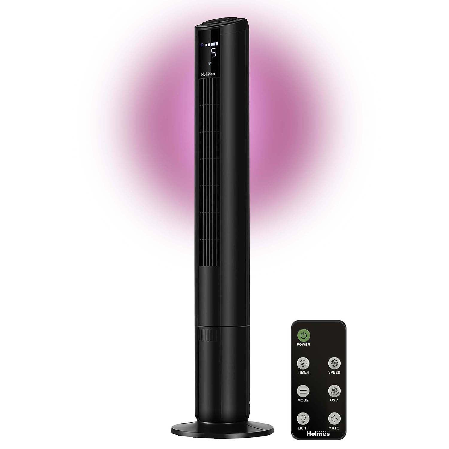 Holmes 42" Oscillating 5-Speed Digital Tower Fan with Built-In Multi-Color RGB Accent Light and Remote Control Black