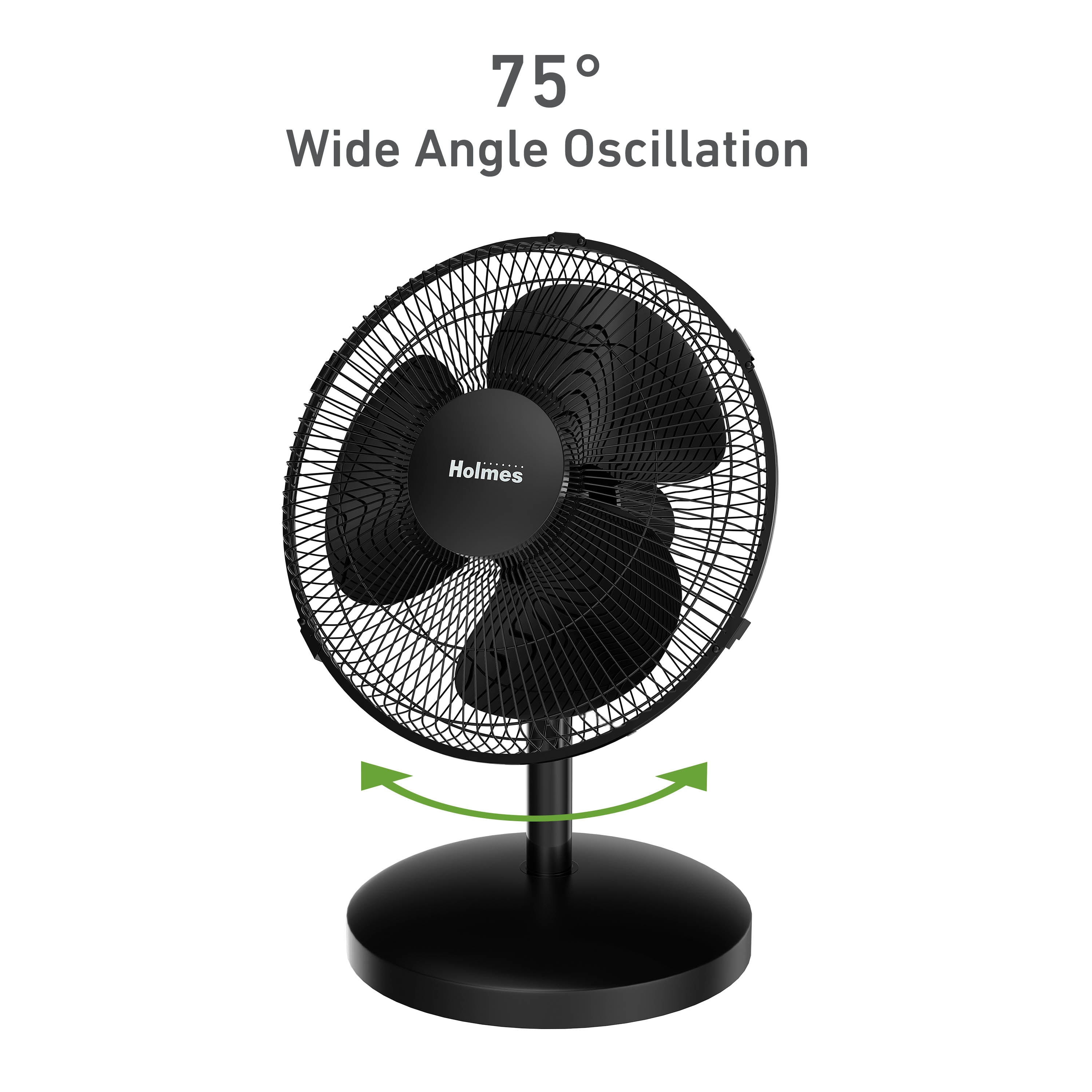 Holmes 12” Table Fan, 3 Speeds, 75° Oscillation, 15° Adjustable Tilt, Quiet Operation