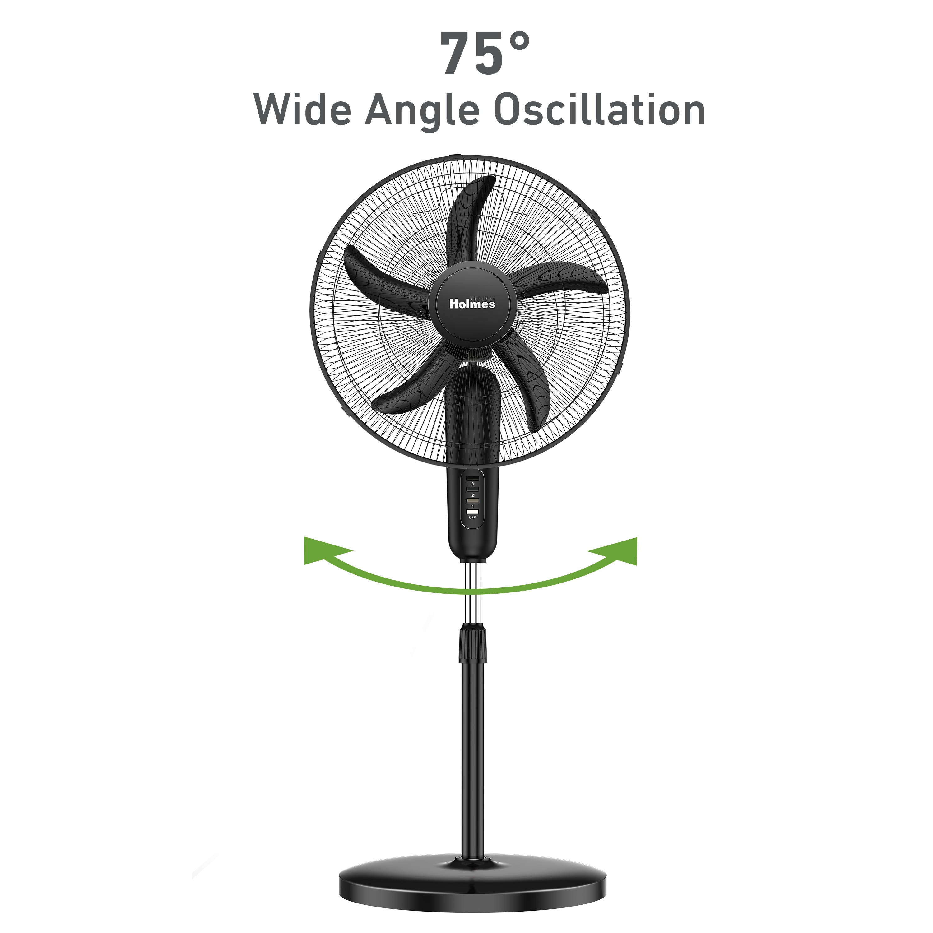 Holmes 18 Inch Oscillating Stand Fan 3 Speed Powerful Airflow Adjustable Height 30 Degree Tilt Wide Angle
