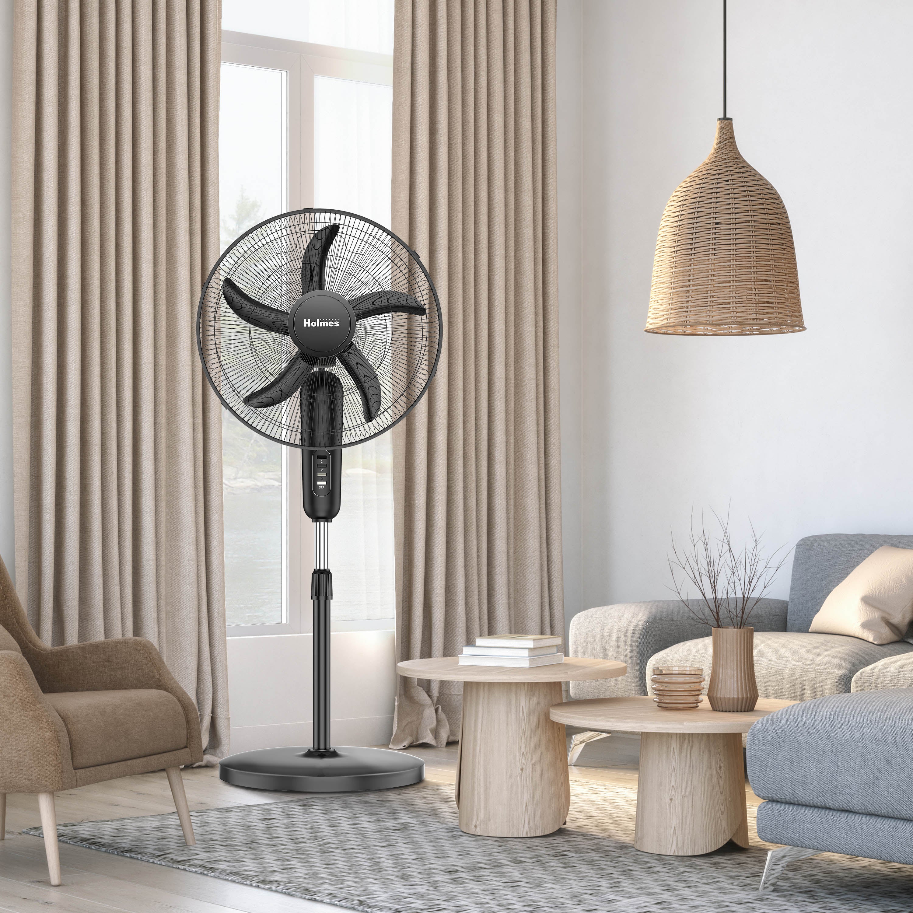 Holmes 18 Inch Oscillating Stand Fan 3 Speed Powerful Airflow Adjustable Height 30 Degree Tilt Wide Angle