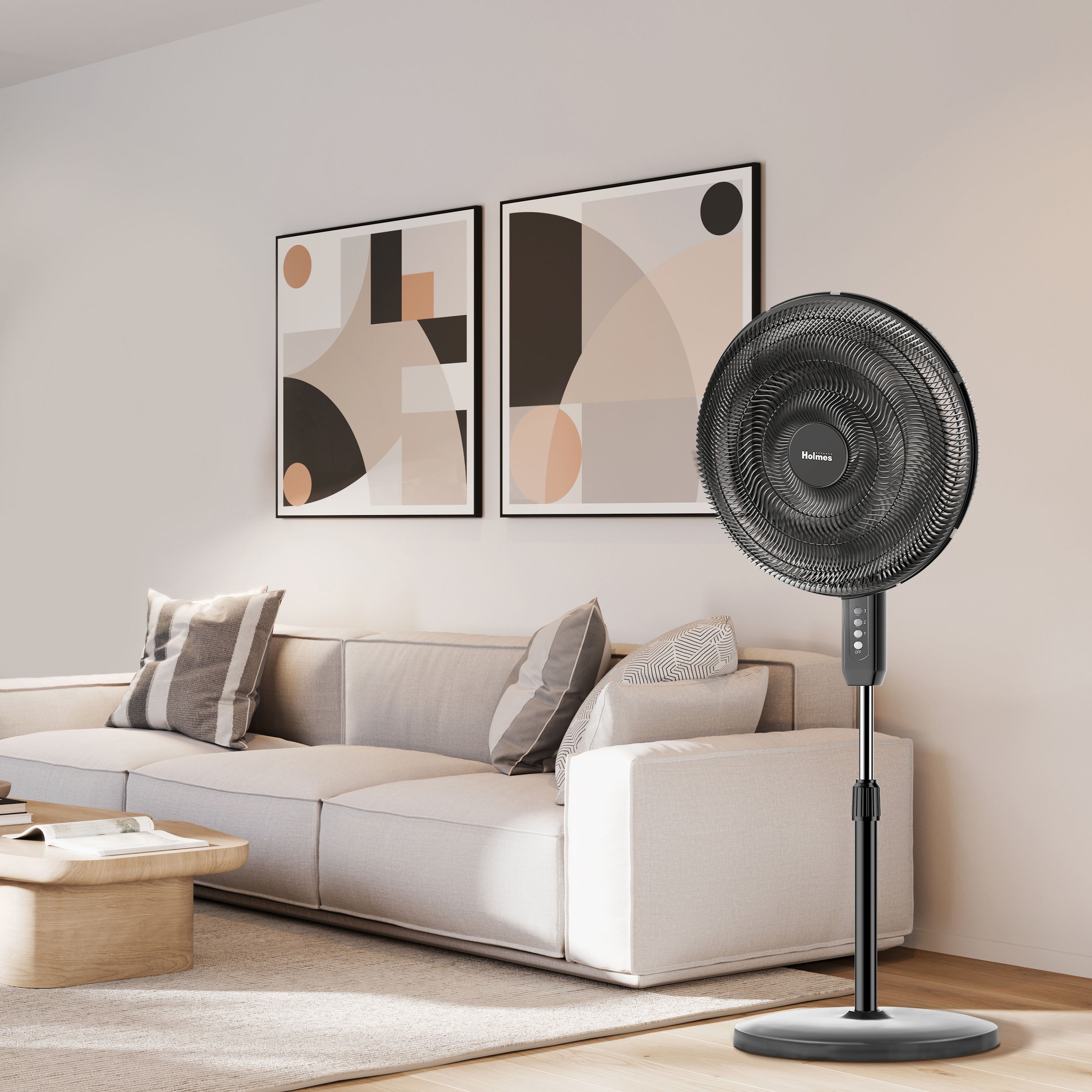'Holmes 16" Big Breeze Manual Oscillating Stand Fan with 6-Blade Design, Powerful Airflow, Adjustable Height – Black