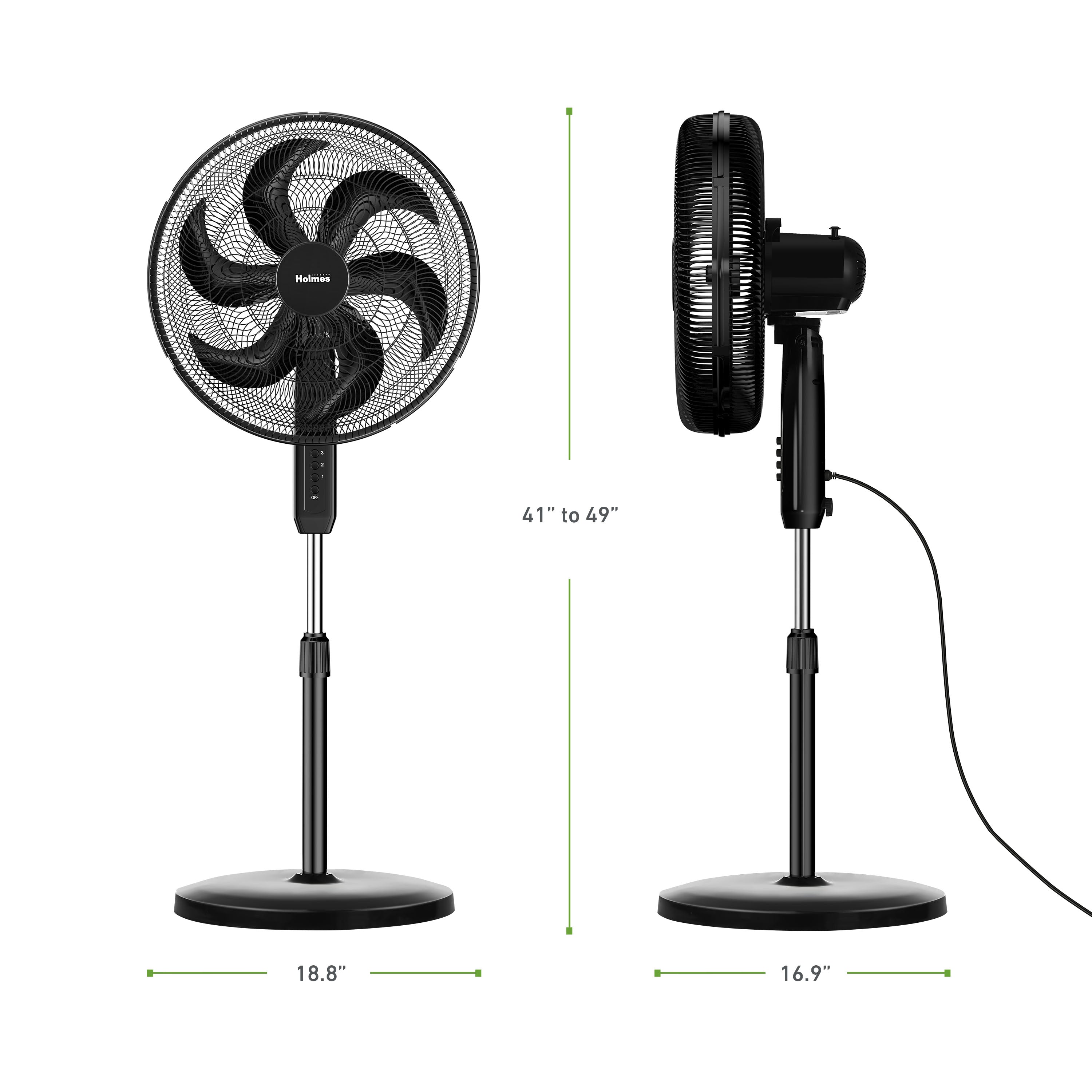 'Holmes 16" Big Breeze Manual Oscillating Stand Fan with 6-Blade Design, Powerful Airflow, Adjustable Height – Black