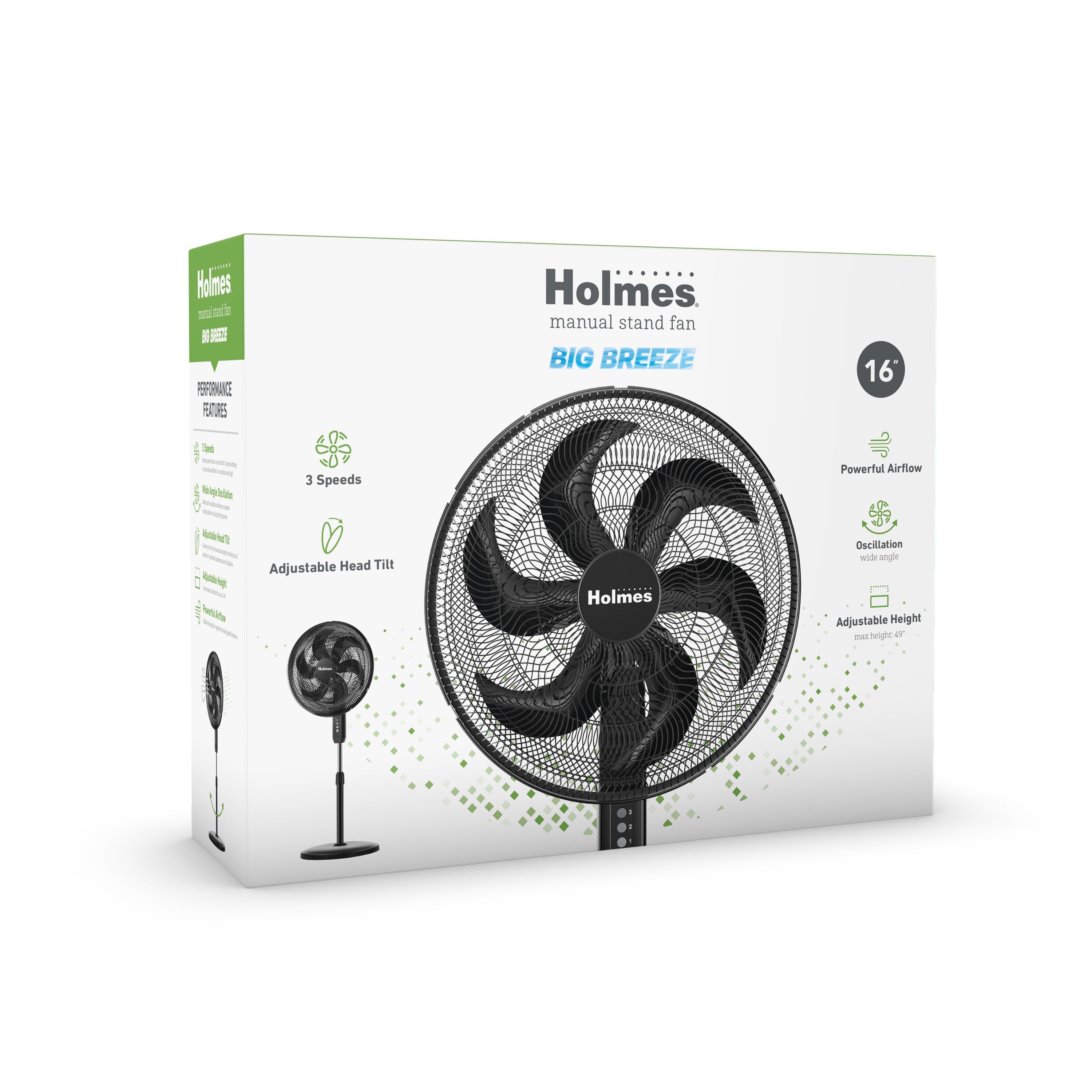 'Holmes 16" Big Breeze Manual Oscillating Stand Fan with 6-Blade Design, Powerful Airflow, Adjustable Height – Black