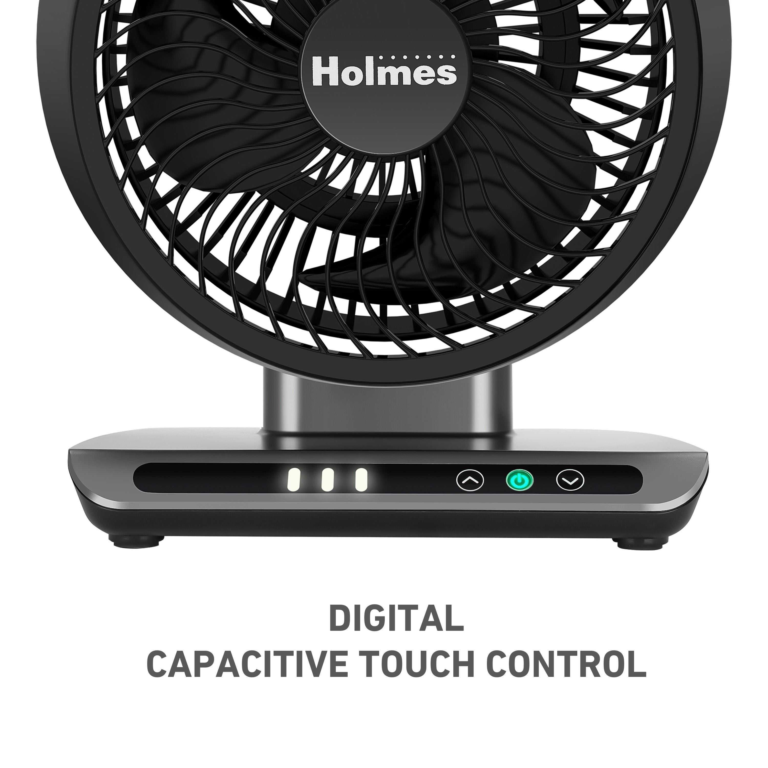 Holmes Blizzard 6" 3-Speed Capacitive Touch 9.3” Tall Digital Air Circulator Fan, Black and Chrome