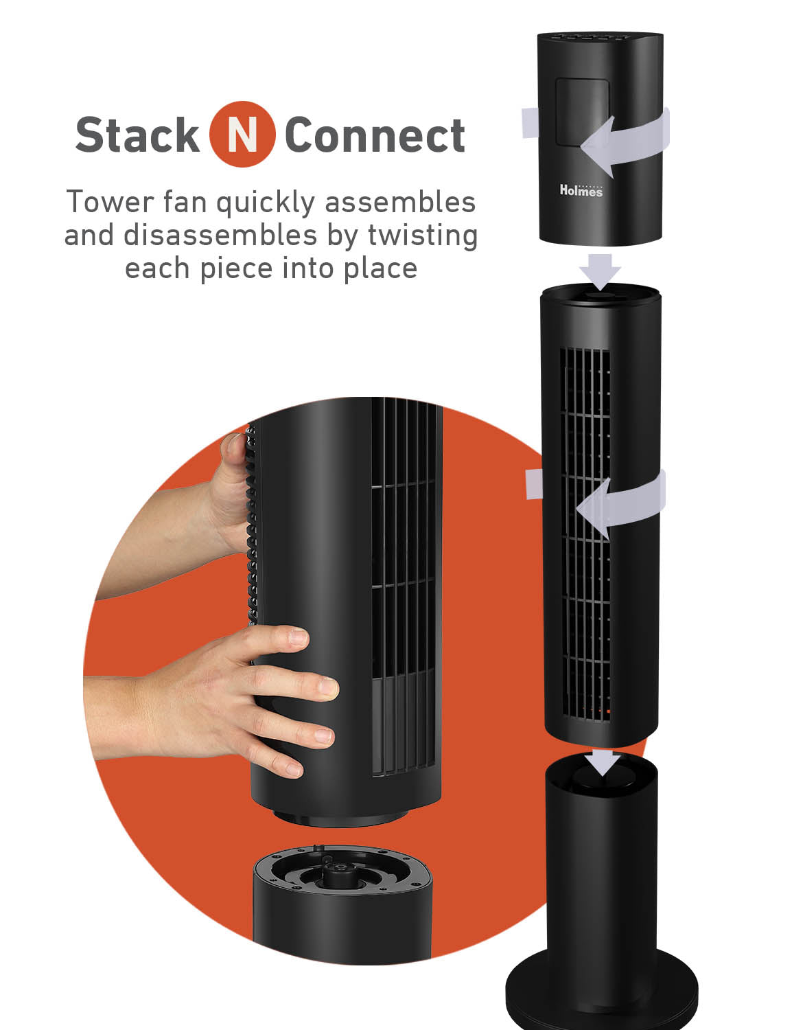 Holmes 45" Stack-N-Connect Oscillating 4-Speed Digital Tower Fan with Storage Bag and Remote Control Black