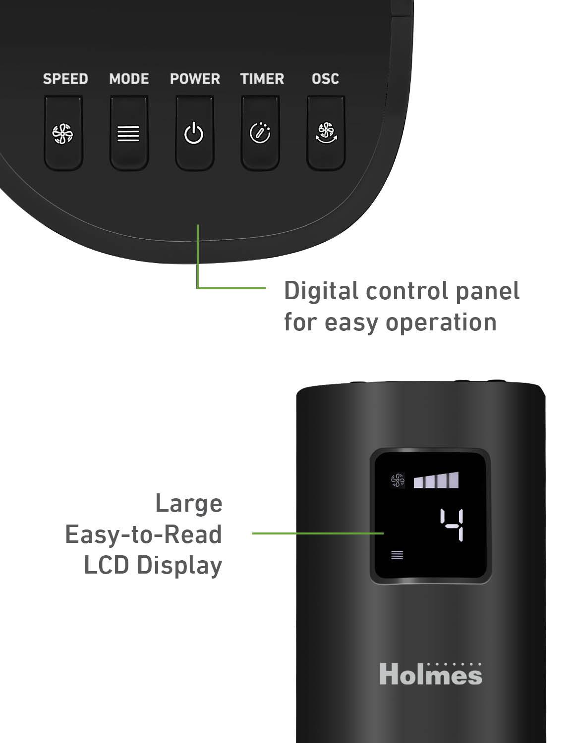 Holmes 45" Stack-N-Connect Oscillating 4-Speed Digital Tower Fan with Storage Bag and Remote Control Black