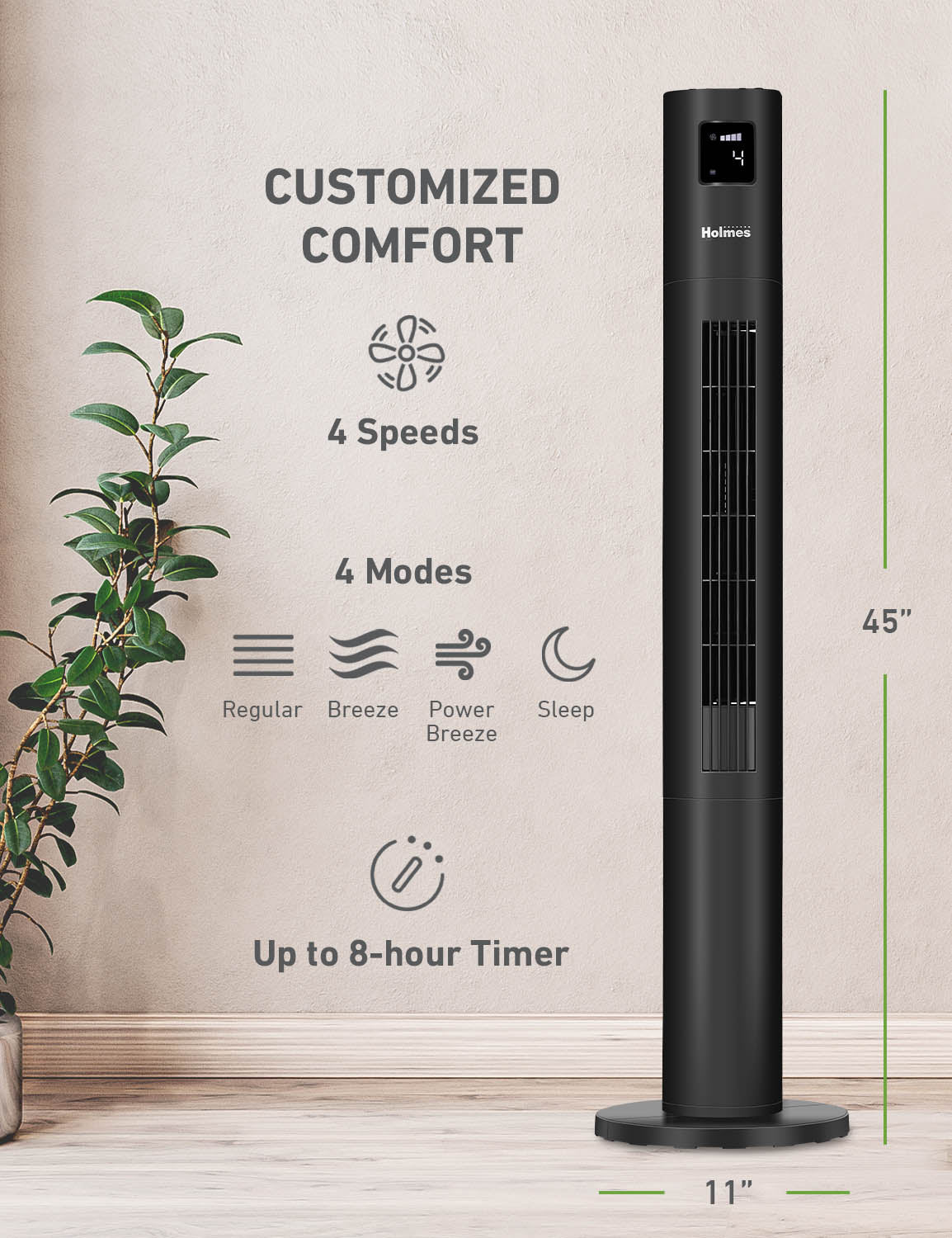 Holmes 45" Stack-N-Connect Oscillating 4-Speed Digital Tower Fan with Storage Bag and Remote Control Black