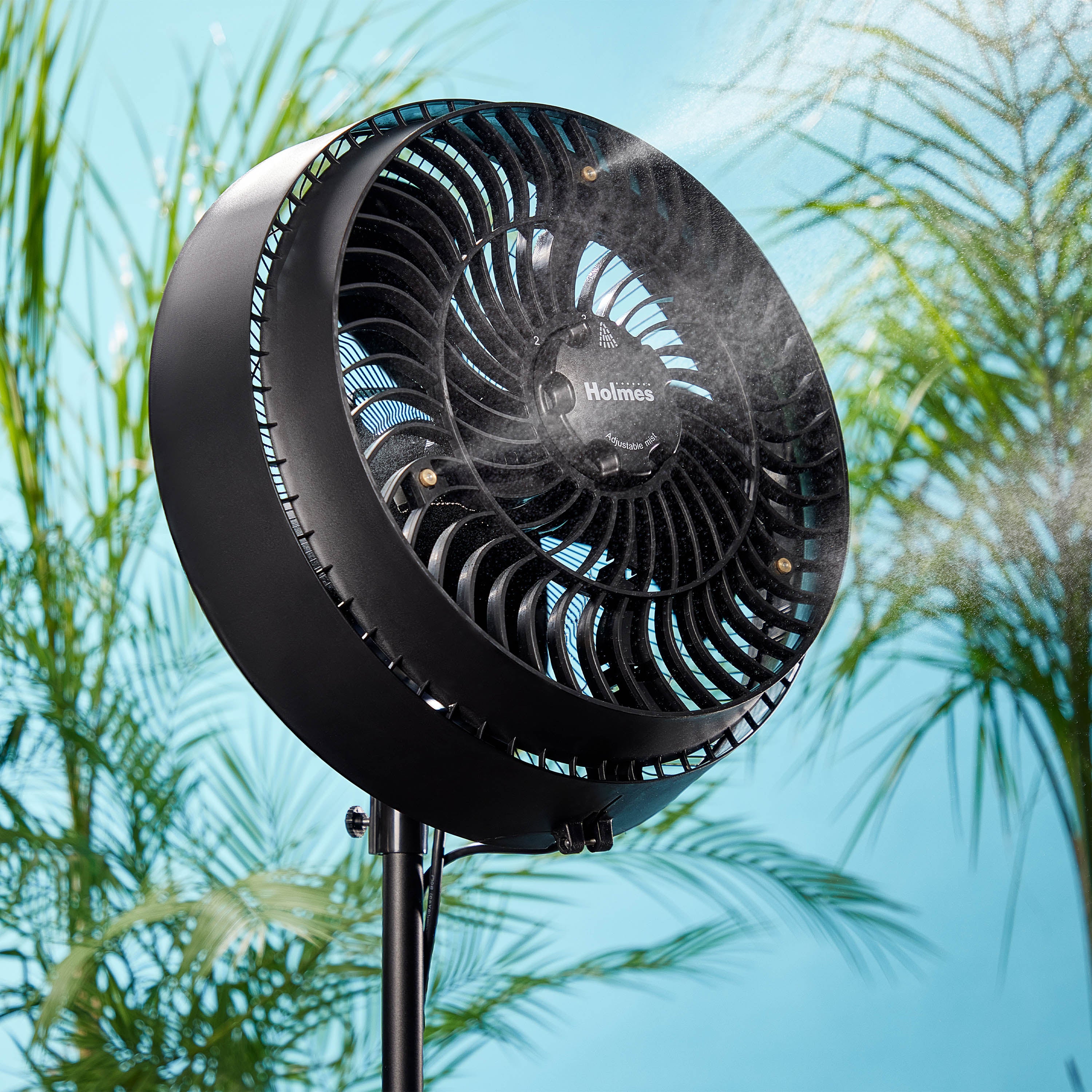 Holmes 16" Outdoor Misting Stand Fan – 3 Speeds, 3 Mist Settings, Adjustable Height & Head Tilt, Hose Connection, Black