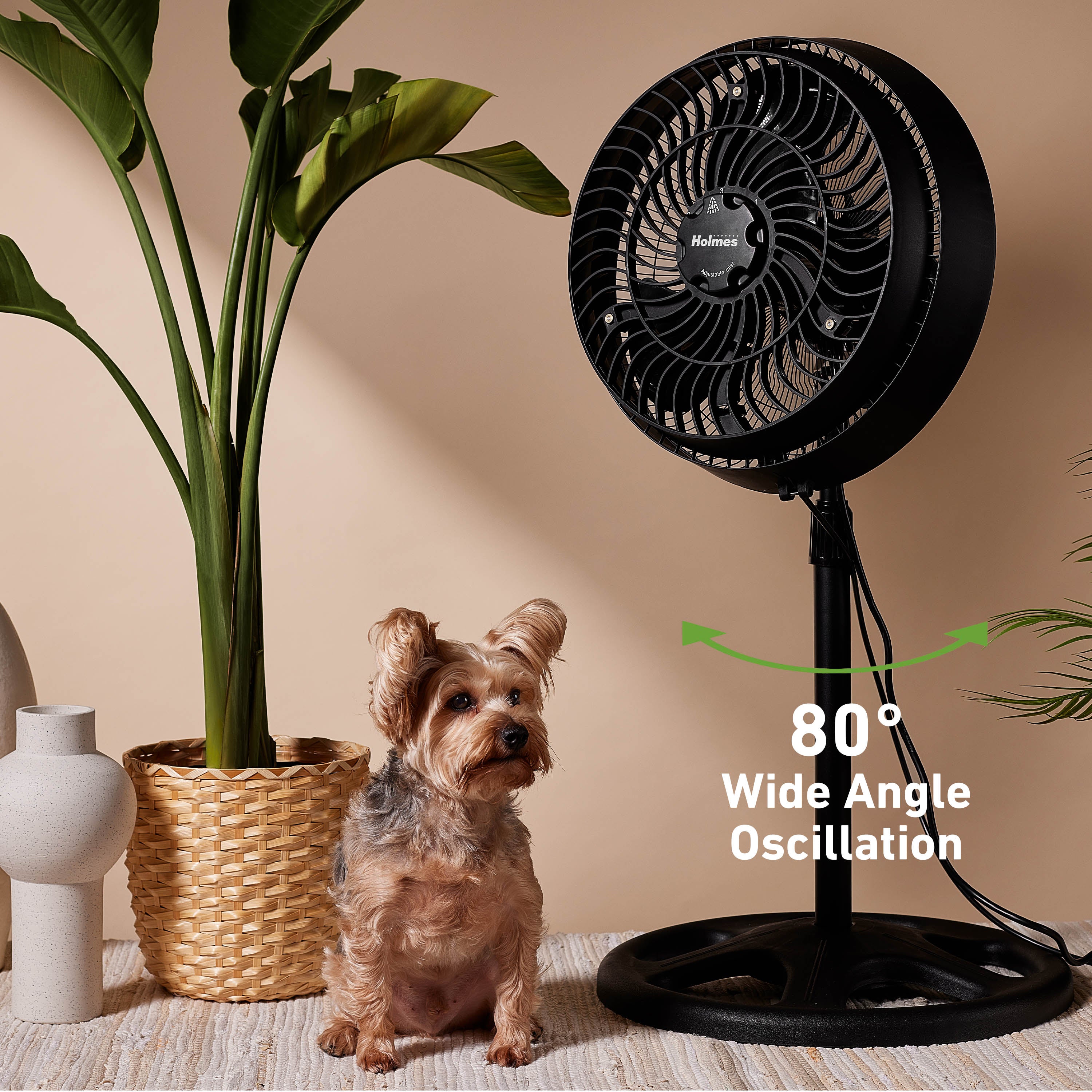 Holmes 16" Outdoor Misting Stand Fan – 3 Speeds, 3 Mist Settings, Adjustable Height & Head Tilt, Hose Connection, Black