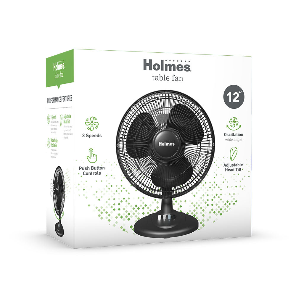 Holmes 12” Oscillating Table Fan – 3-Speed, Adjustable Head Tilt, 70° Oscillation, Powerful Airflow