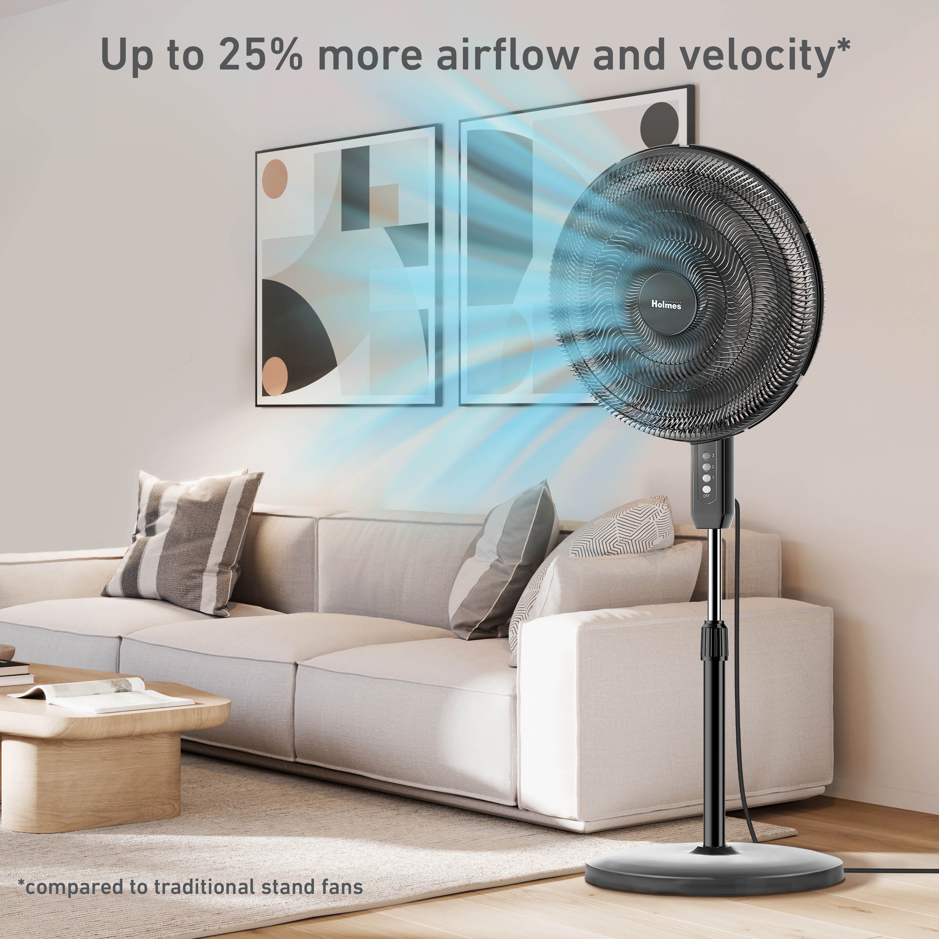 'Holmes 16" Big Breeze Manual Oscillating Stand Fan with 6-Blade Design, Powerful Airflow, Adjustable Height – Black