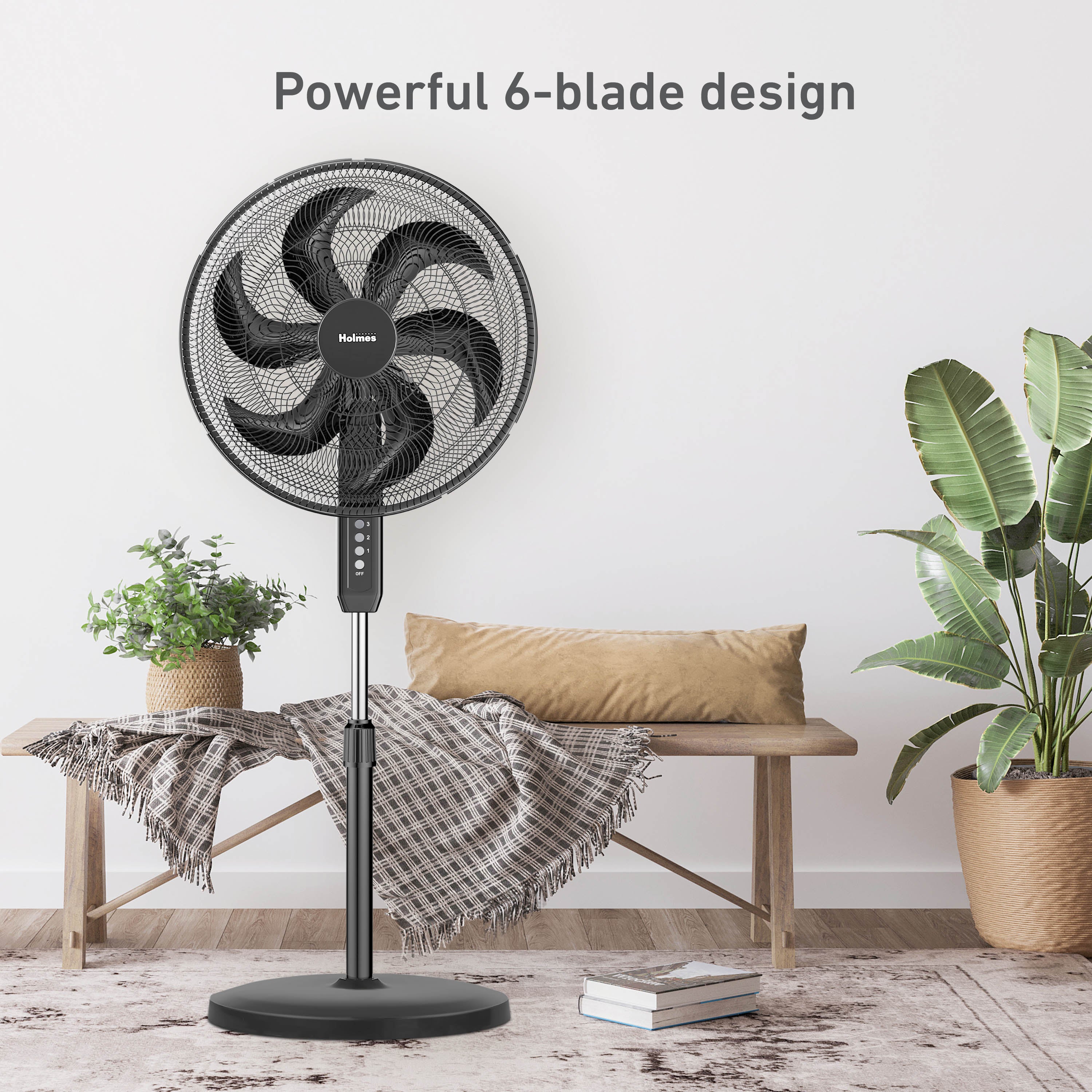 'Holmes 16" Big Breeze Manual Oscillating Stand Fan with 6-Blade Design, Powerful Airflow, Adjustable Height – Black