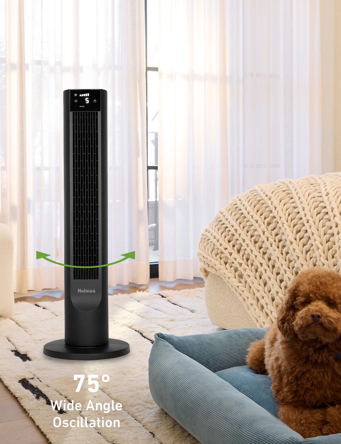 Holmes 36" Digital CleanBreeze Tower Fan with Remote 6 Speeds 75° Oscillation Black