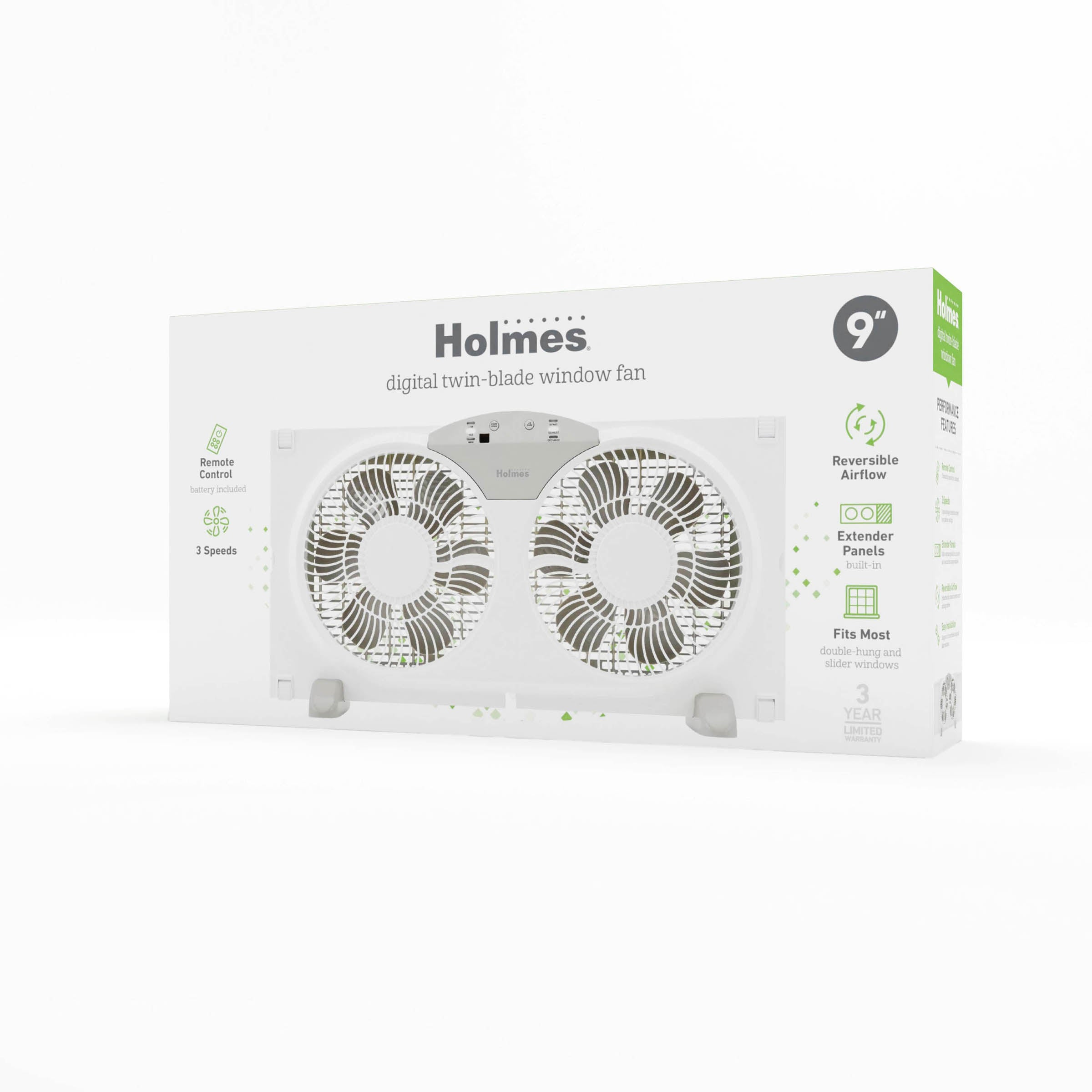 Holmes 9” Twin-Blade Digital Window Fan – 3 Speeds, Reversible Airflow, Remote Control, Expandable Panels, 12.6” High, White
