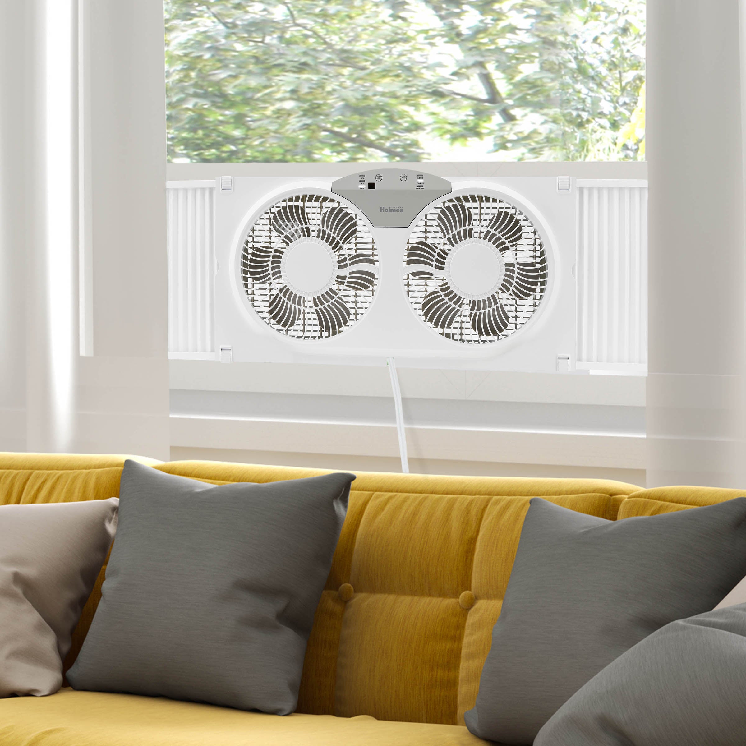 Holmes 9” Twin-Blade Digital Window Fan – 3 Speeds, Reversible Airflow, Remote Control, Expandable Panels, 12.6” High, White