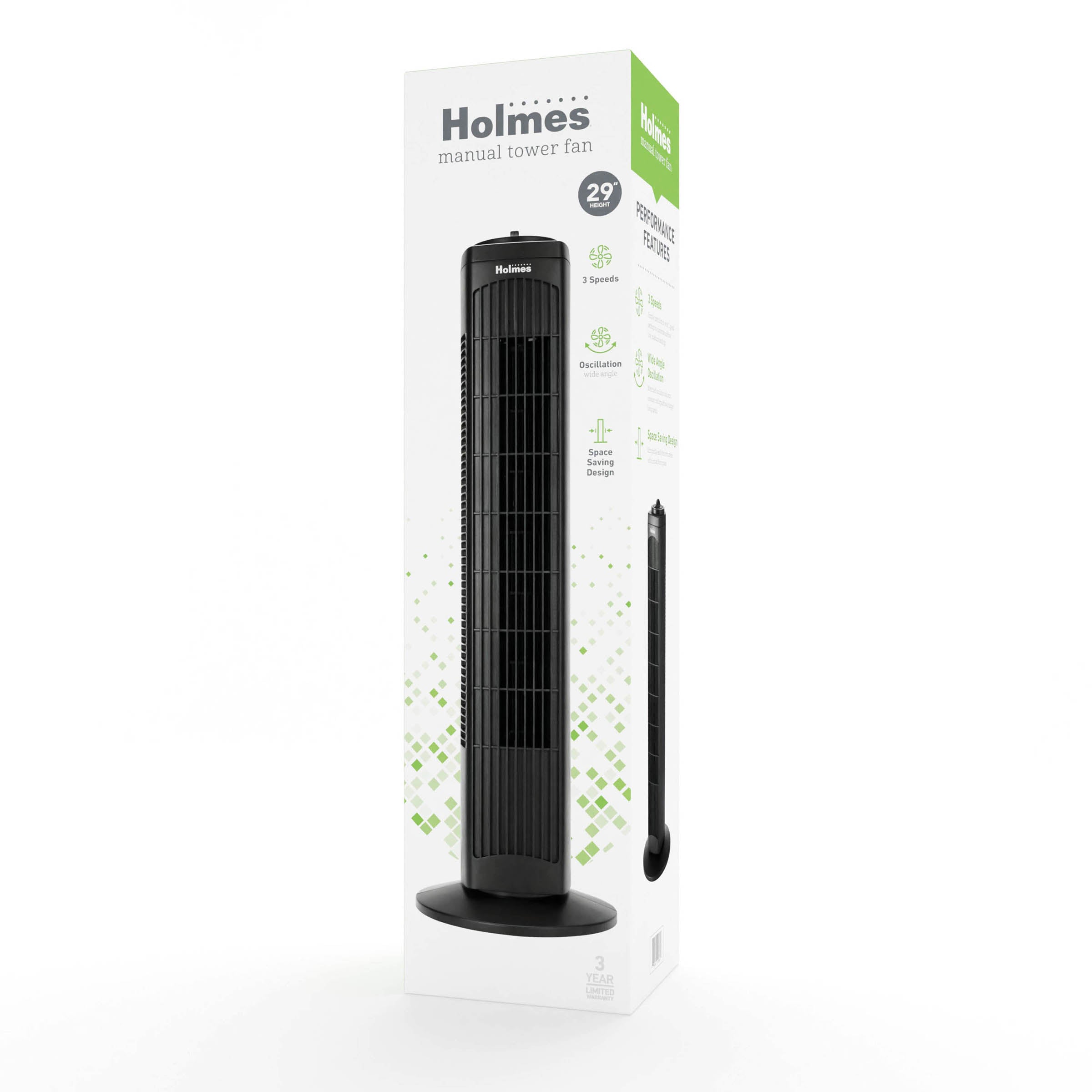 Holmes 29” Manual Tower Fan with CleanBreeze Removable Grill, 3 Speeds, and 85° Oscillation, Black