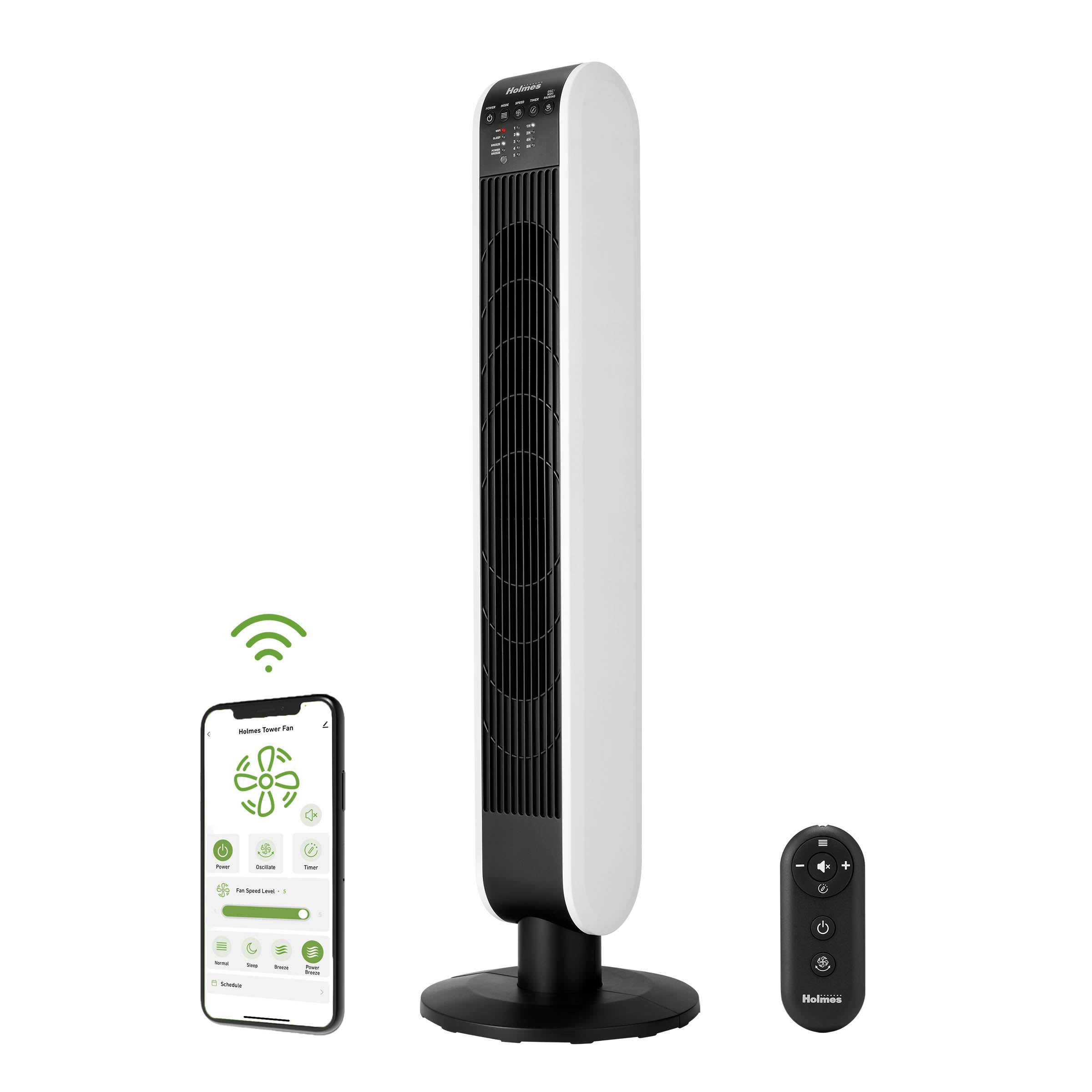 Holmes 40” BreezePro WiFi Tower Fan, CleanBreeze, ClearRead Display, Thermostat, Remote, Black-White