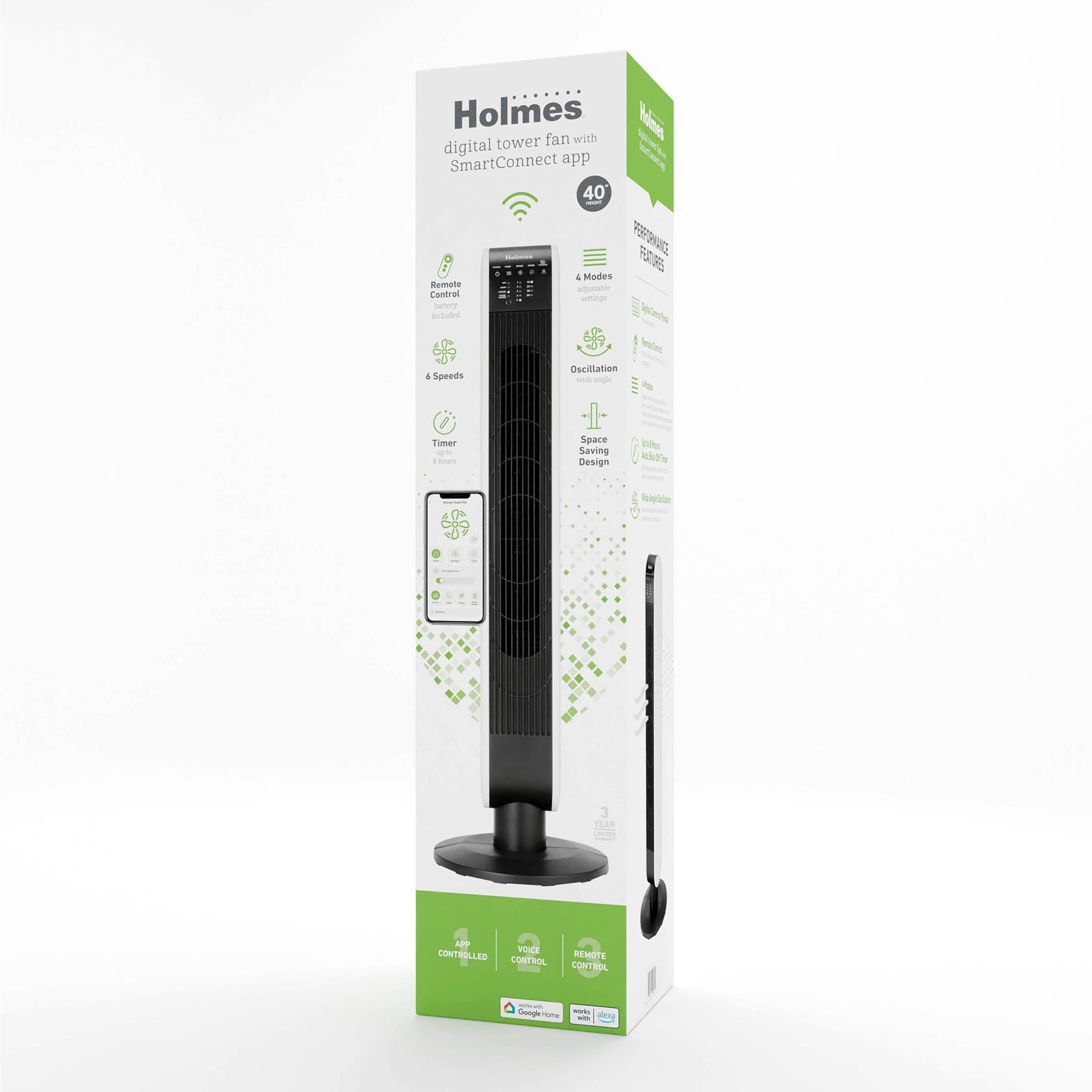 Holmes 40” BreezePro WiFi Tower Fan, CleanBreeze, ClearRead Display, Thermostat, Remote, Black-White