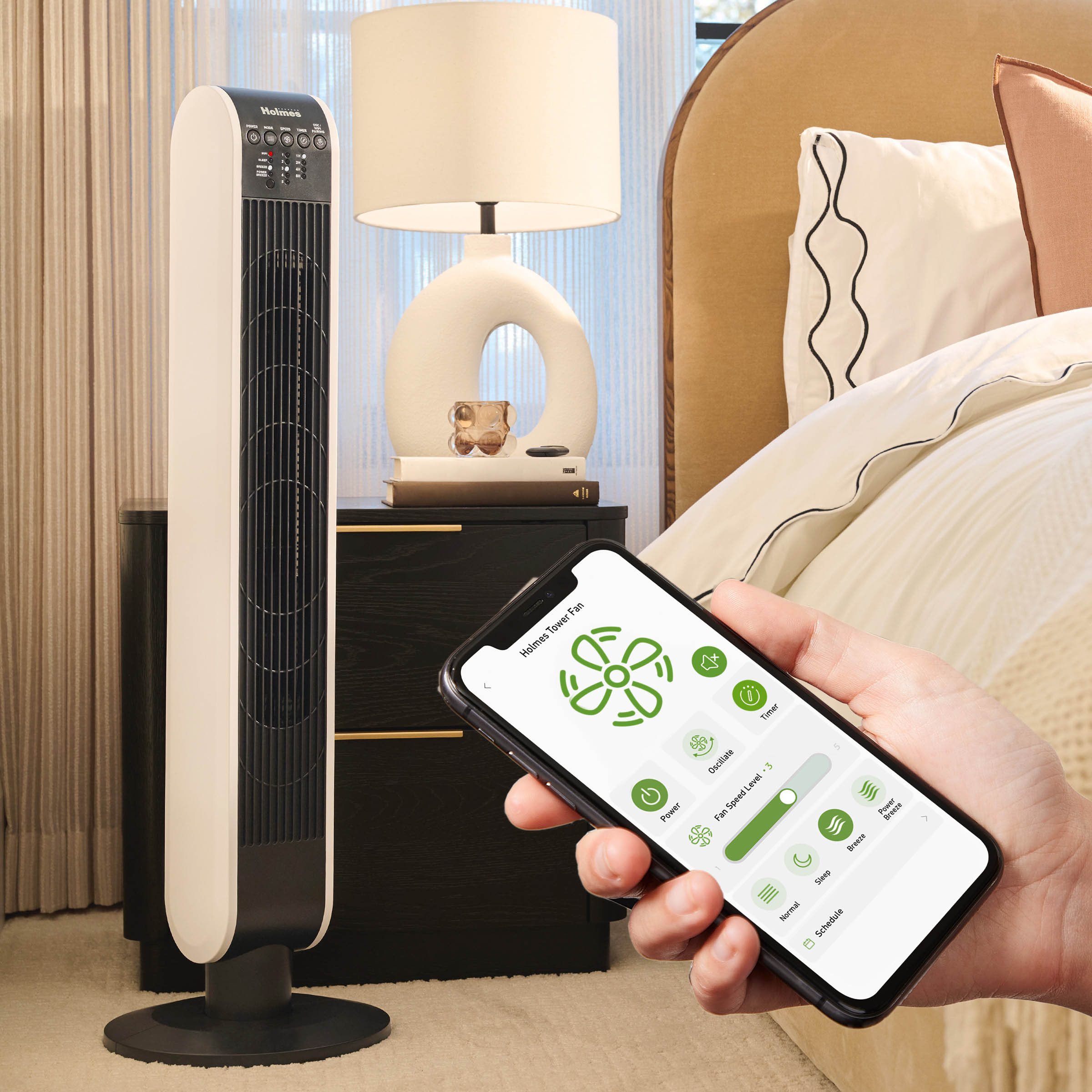 Holmes 40” BreezePro WiFi Tower Fan, CleanBreeze, ClearRead Display, Thermostat, Remote, Black-White