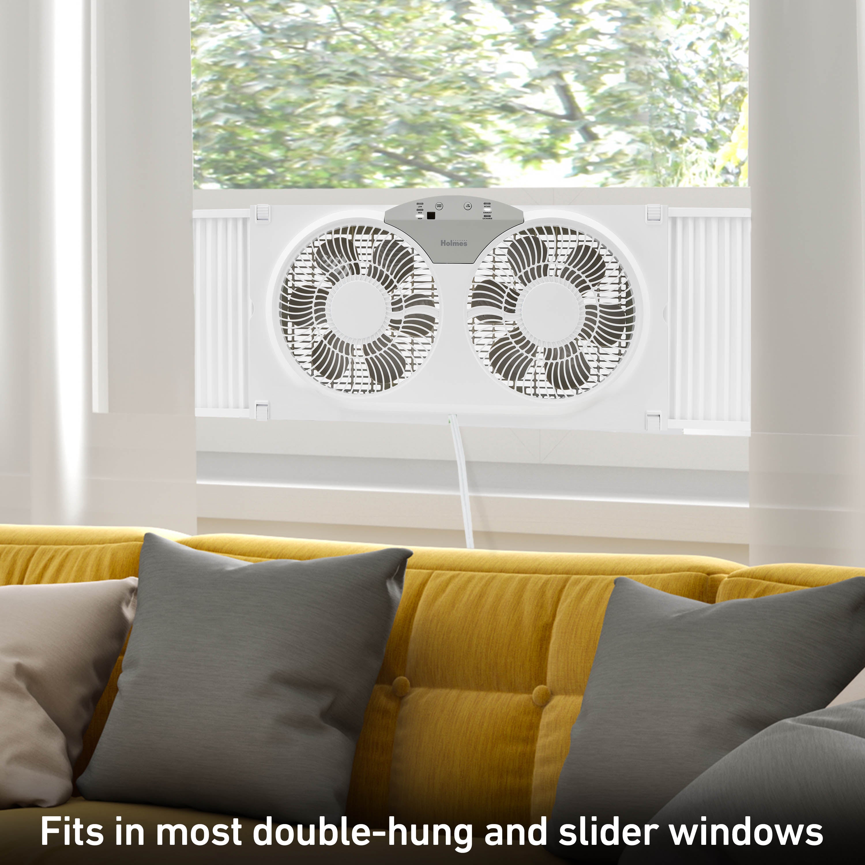 Holmes 9” Twin-Blade Digital Window Fan – 3 Speeds, Reversible Airflow, Remote Control, Expandable Panels, 12.6” High, White