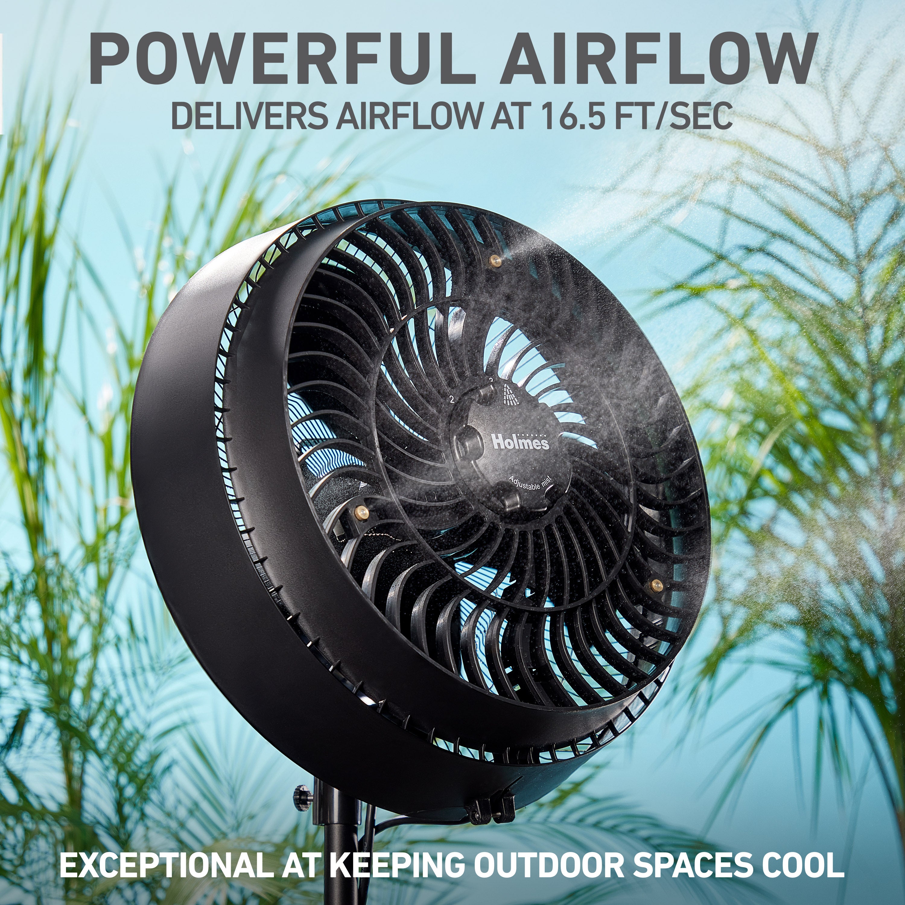 Holmes 16" Outdoor Misting Stand Fan – 3 Speeds, 3 Mist Settings, Adjustable Height & Head Tilt, Hose Connection, Black
