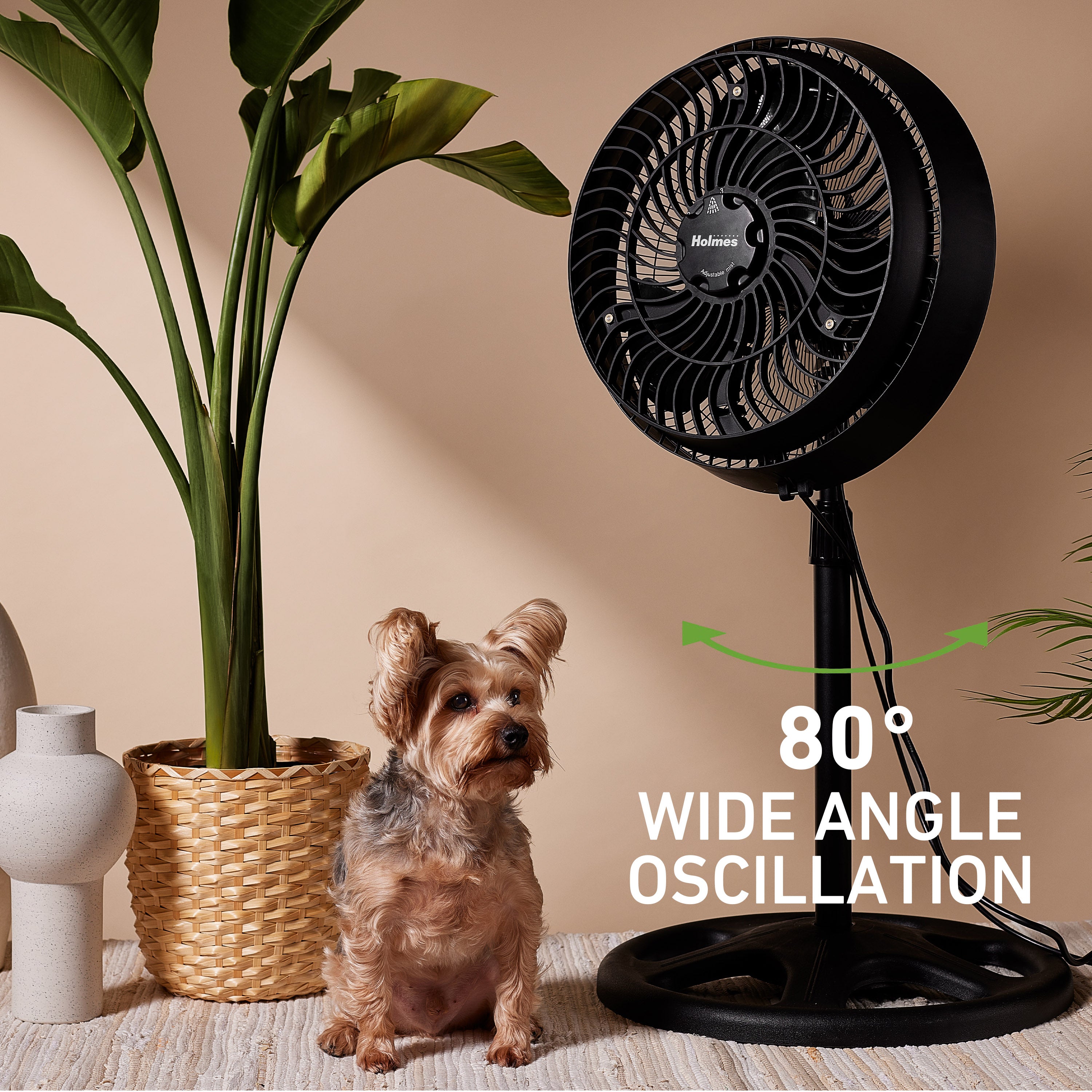 Holmes 16" Outdoor Misting Stand Fan – 3 Speeds, 3 Mist Settings, Adjustable Height & Head Tilt, Hose Connection, Black