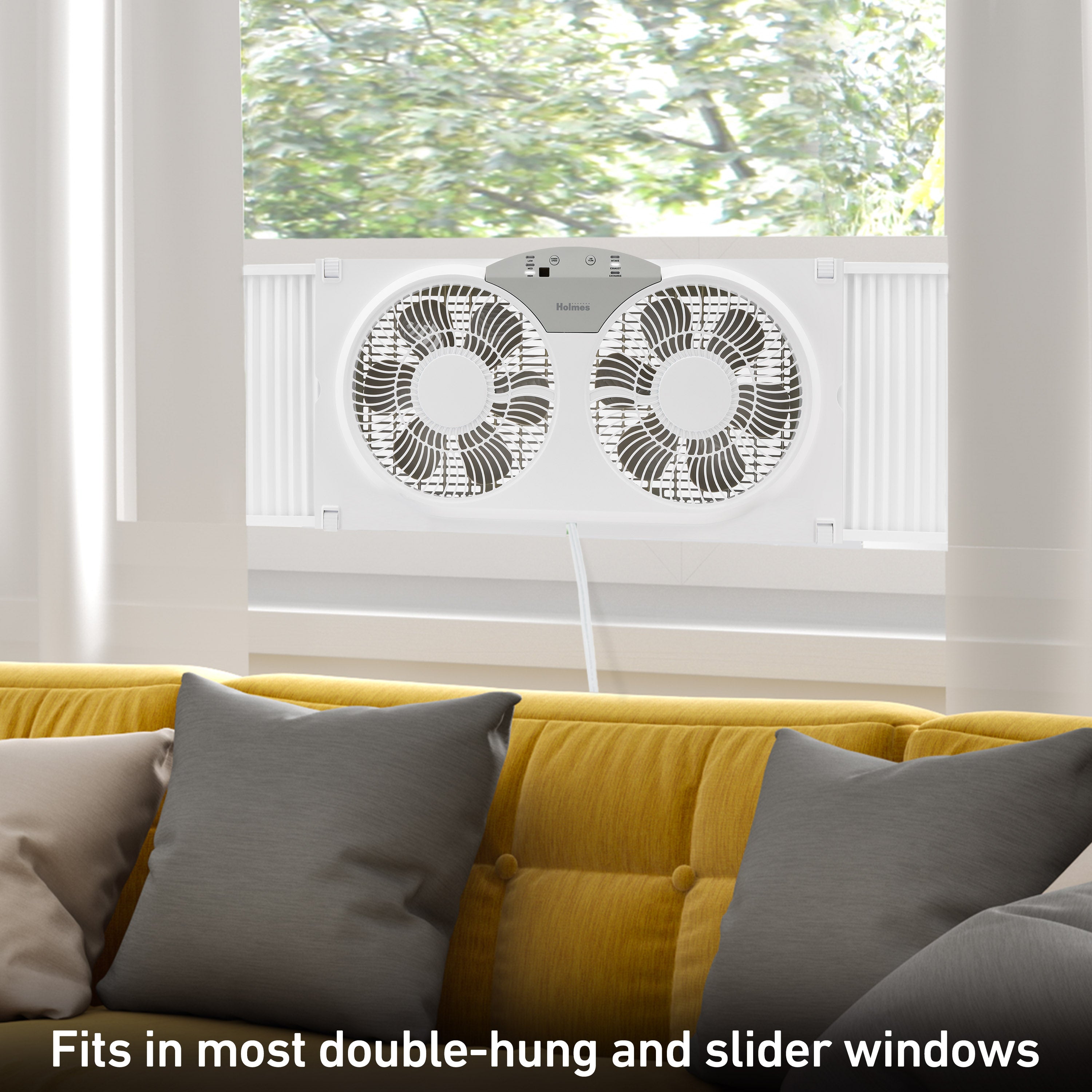 Holmes 9” Twin-Blade Digital Window Fan – 3 Speeds, Reversible Airflow, Remote Control, Expandable Panels, 12.6” High, White