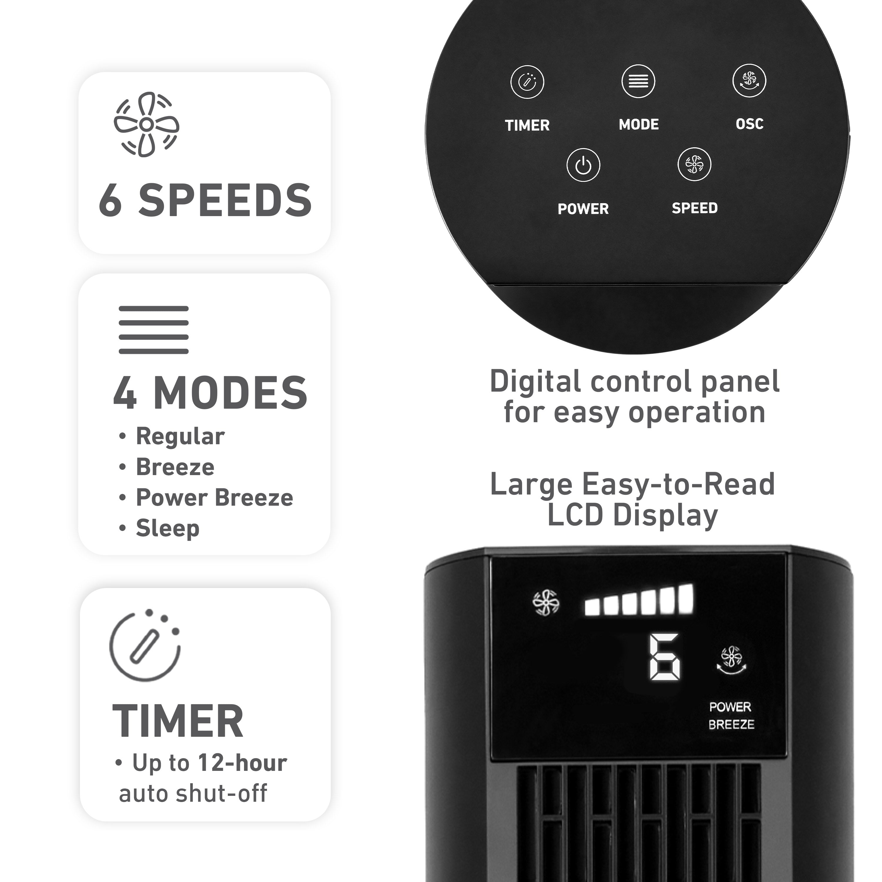 Holmes 36" Digital CleanBreeze Tower Fan with Remote 6 Speeds 75° Oscillation Black