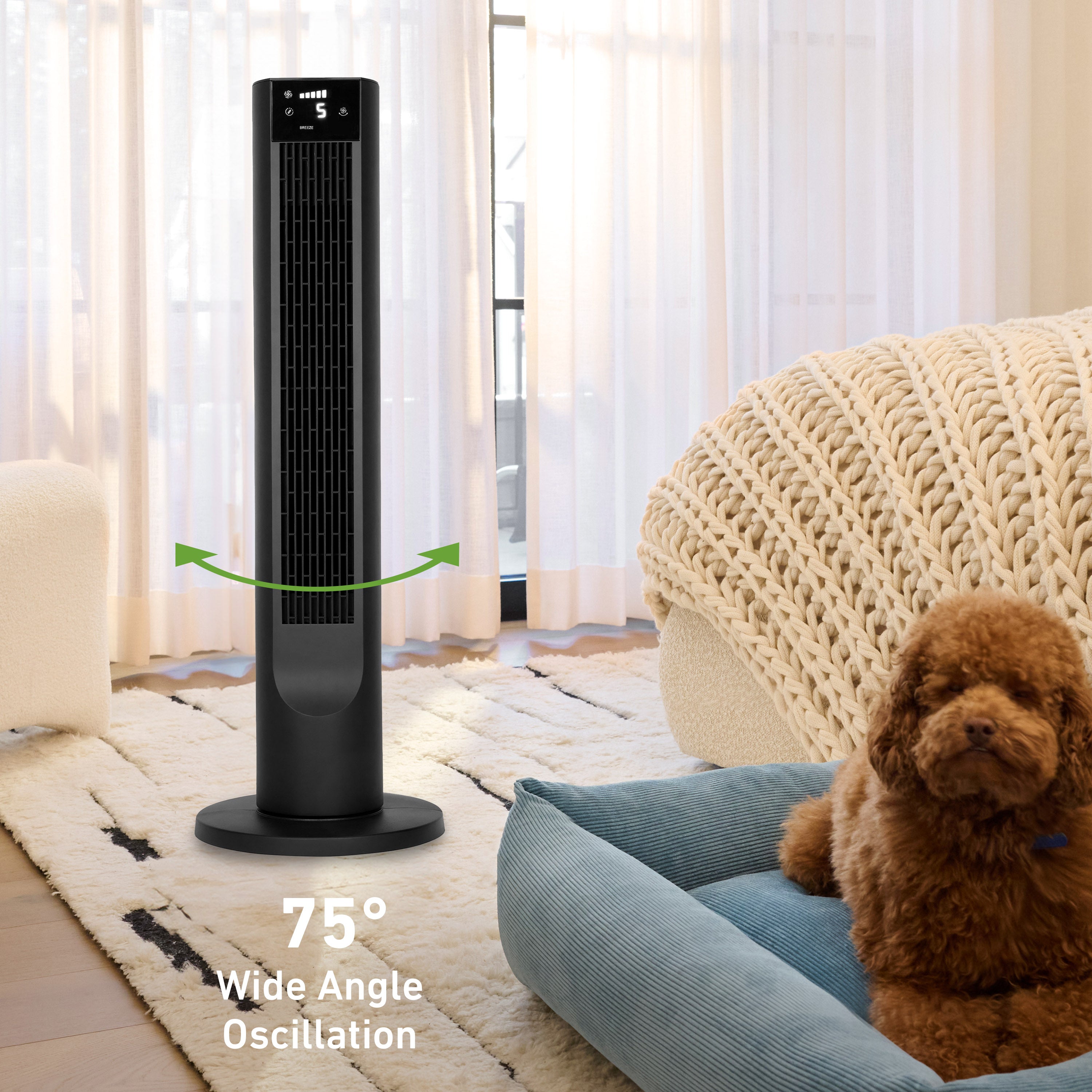 Holmes 36" Digital CleanBreeze Tower Fan with Remote 6 Speeds 75° Oscillation Black