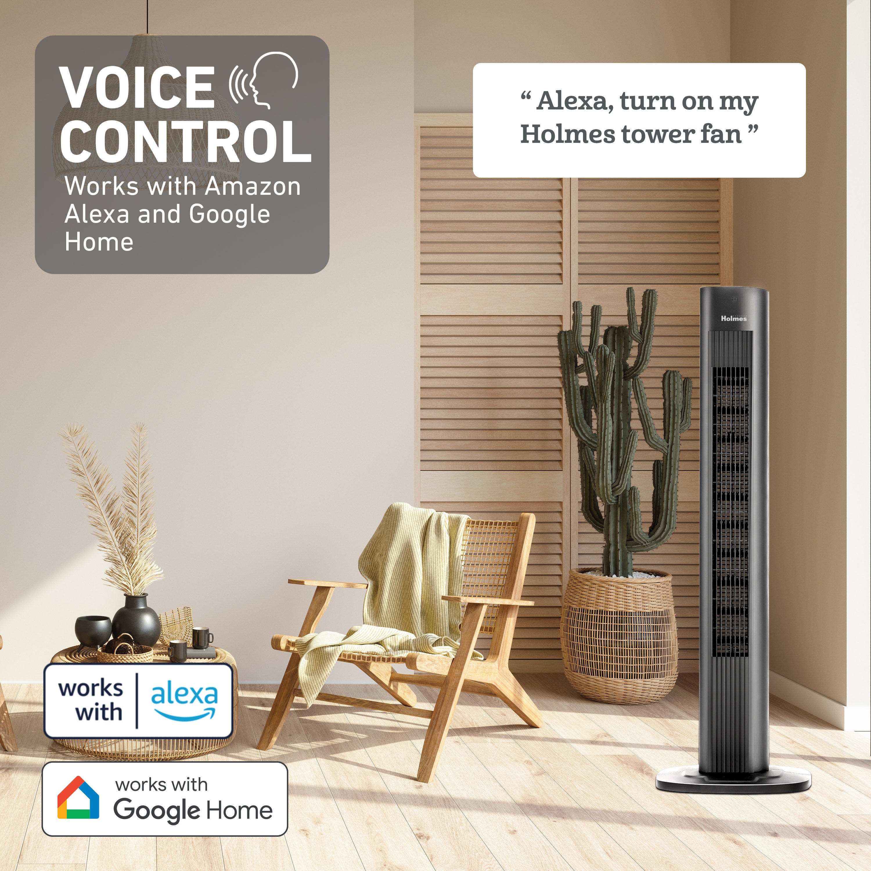 Holmes 36" SmartConnect Wi-Fi Tower Fan, 3 Speeds, Voice Control, Remote, Auto Timer, Black