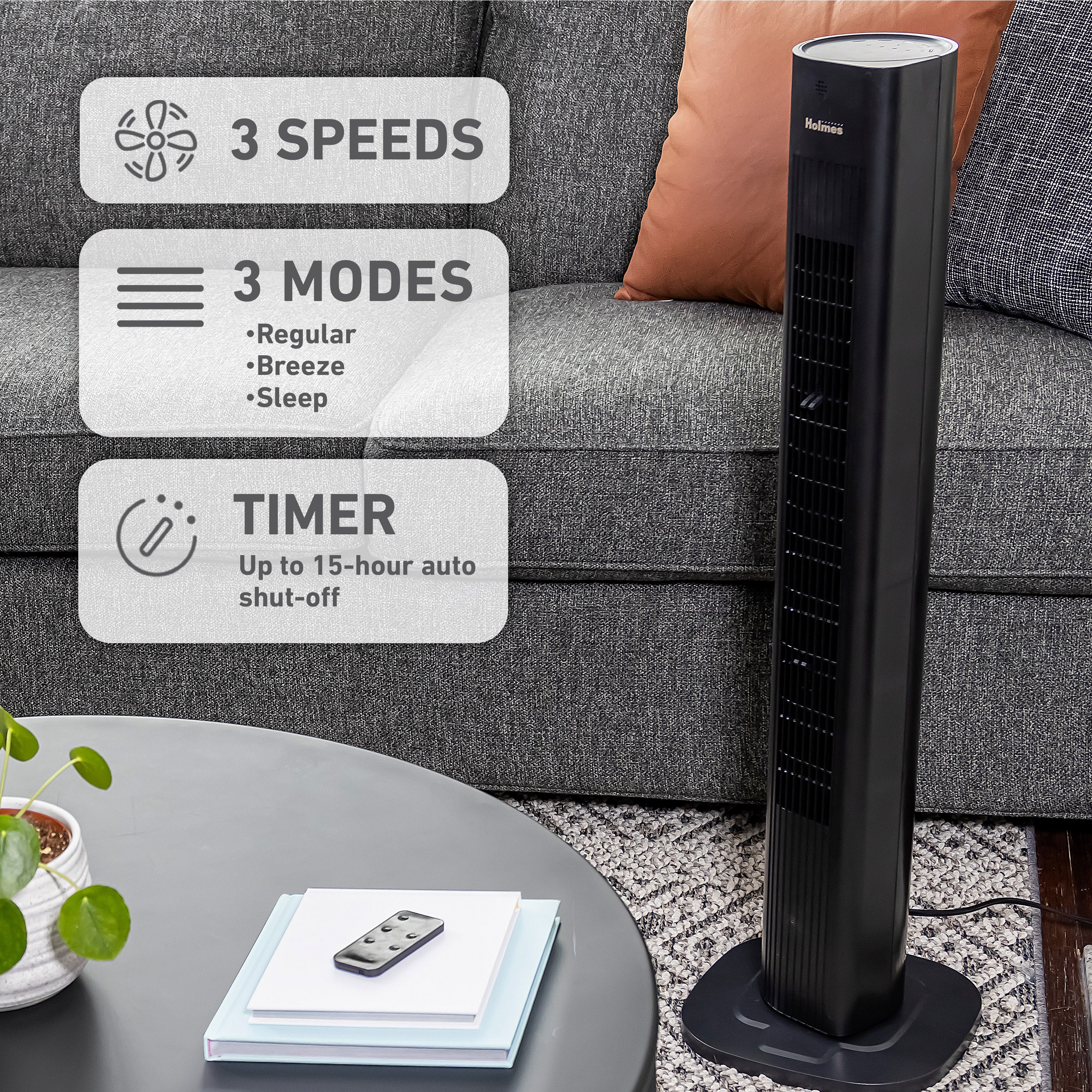 Holmes 36" SmartConnect Wi-Fi Tower Fan, 3 Speeds, Voice Control, Remote, Auto Timer, Black